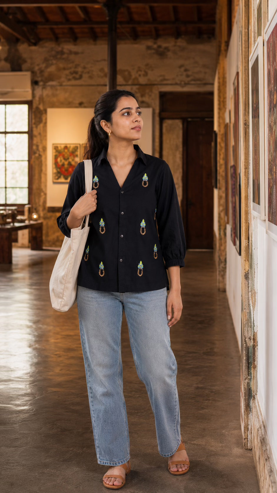 Black Cotton Shirt with Pineapple Embroidery