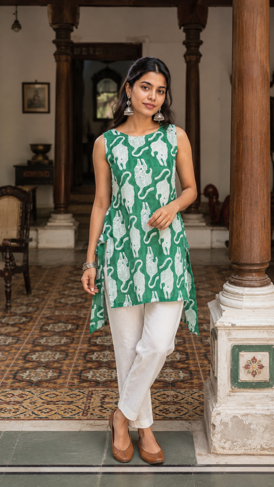Green Tiger Print Cotton Short Kurti (Top Only)