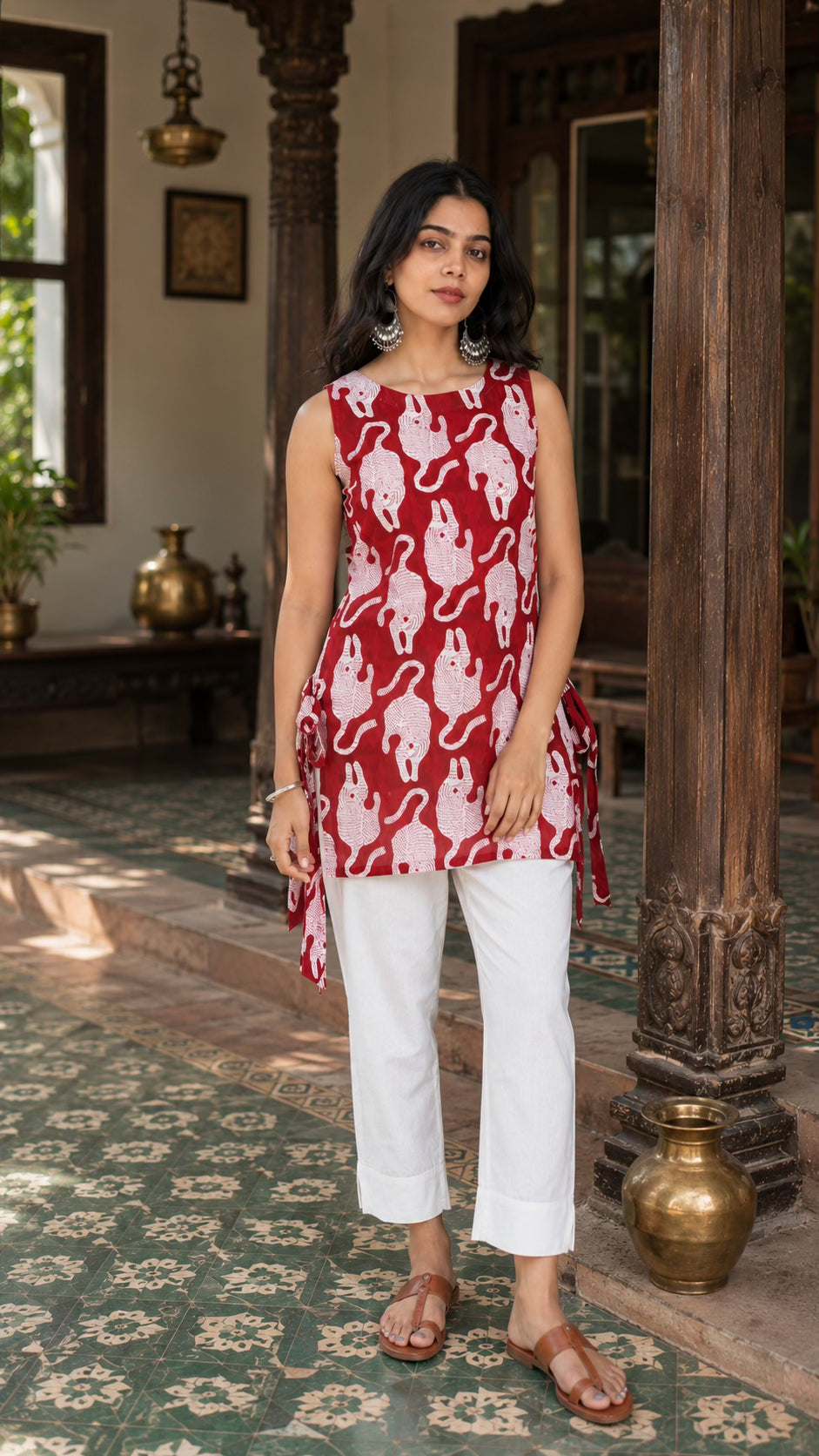Red Tiger Print Cotton Short Kurti Set