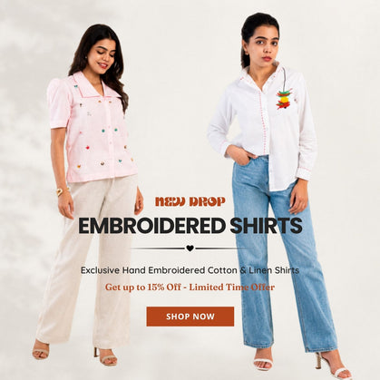 Women modeling embroidered cotton shirts with floral details, paired with pants for casual style