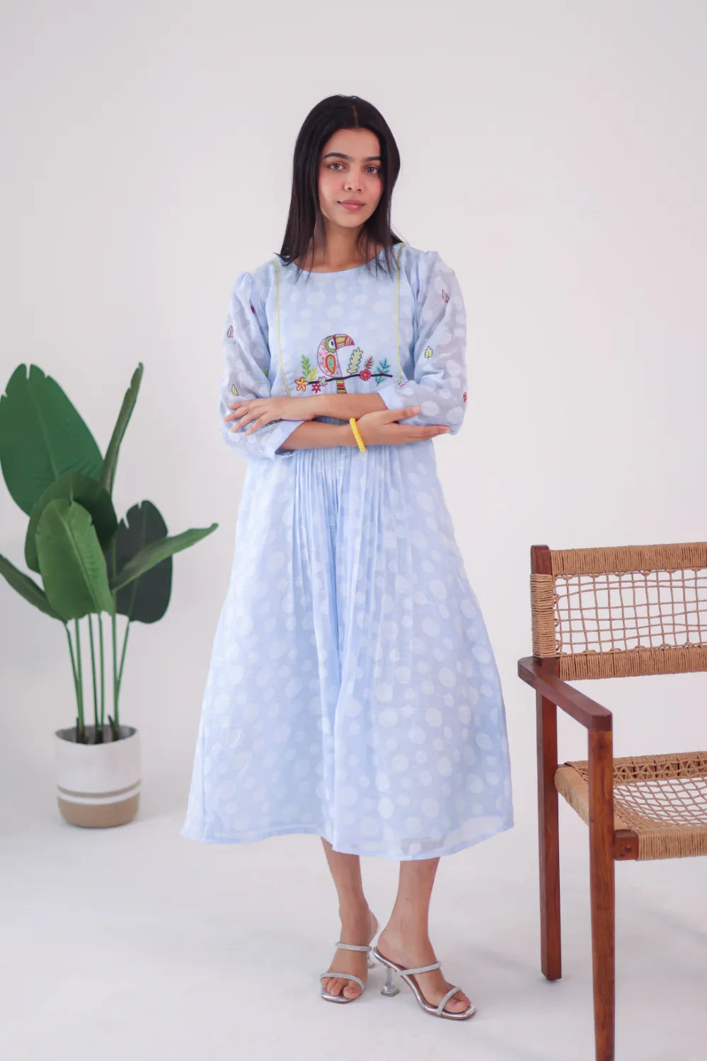 Light Blue Embroidered Cotton Dress - Hello June