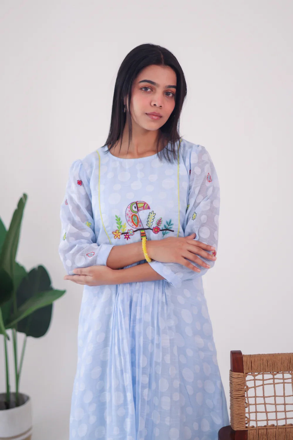 Light Blue Embroidered Cotton Dress - Hello June