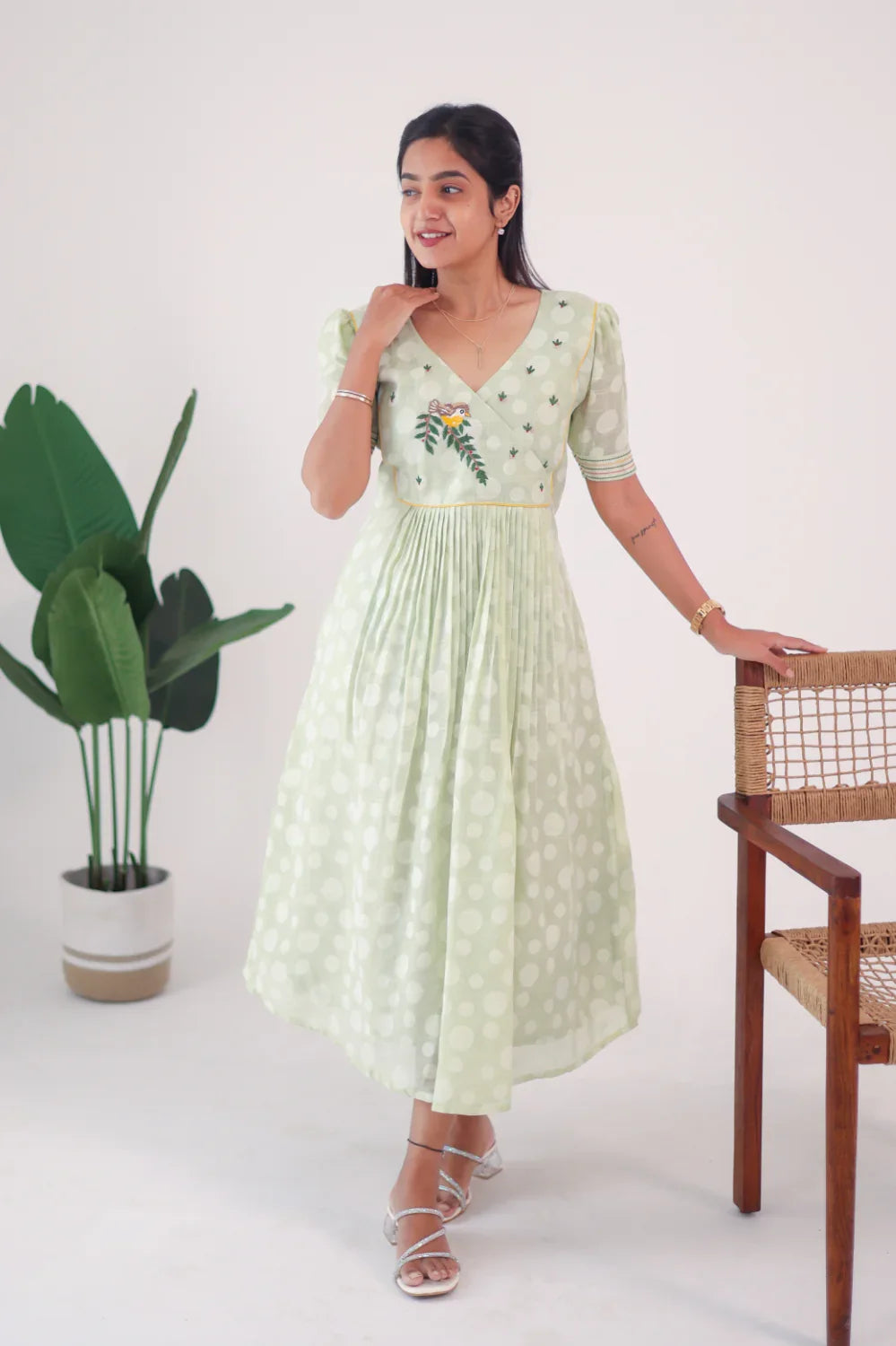 Light Green Embroidered Cotton Dress - Label Xari