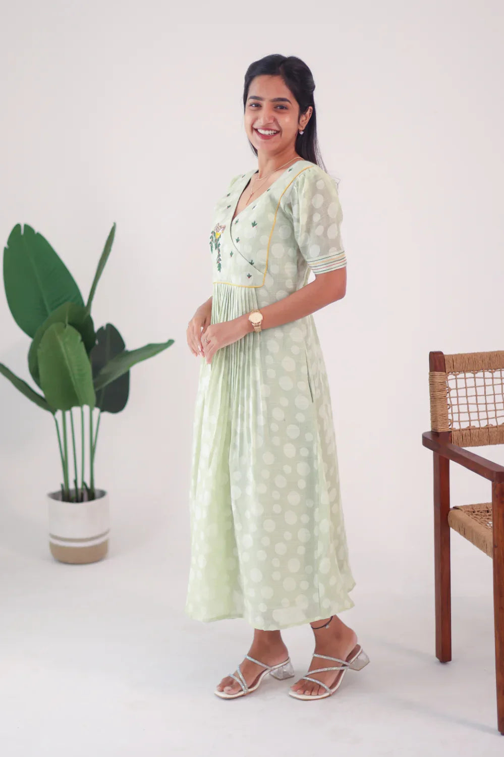Light Green Embroidered Cotton Dress - Label Xari