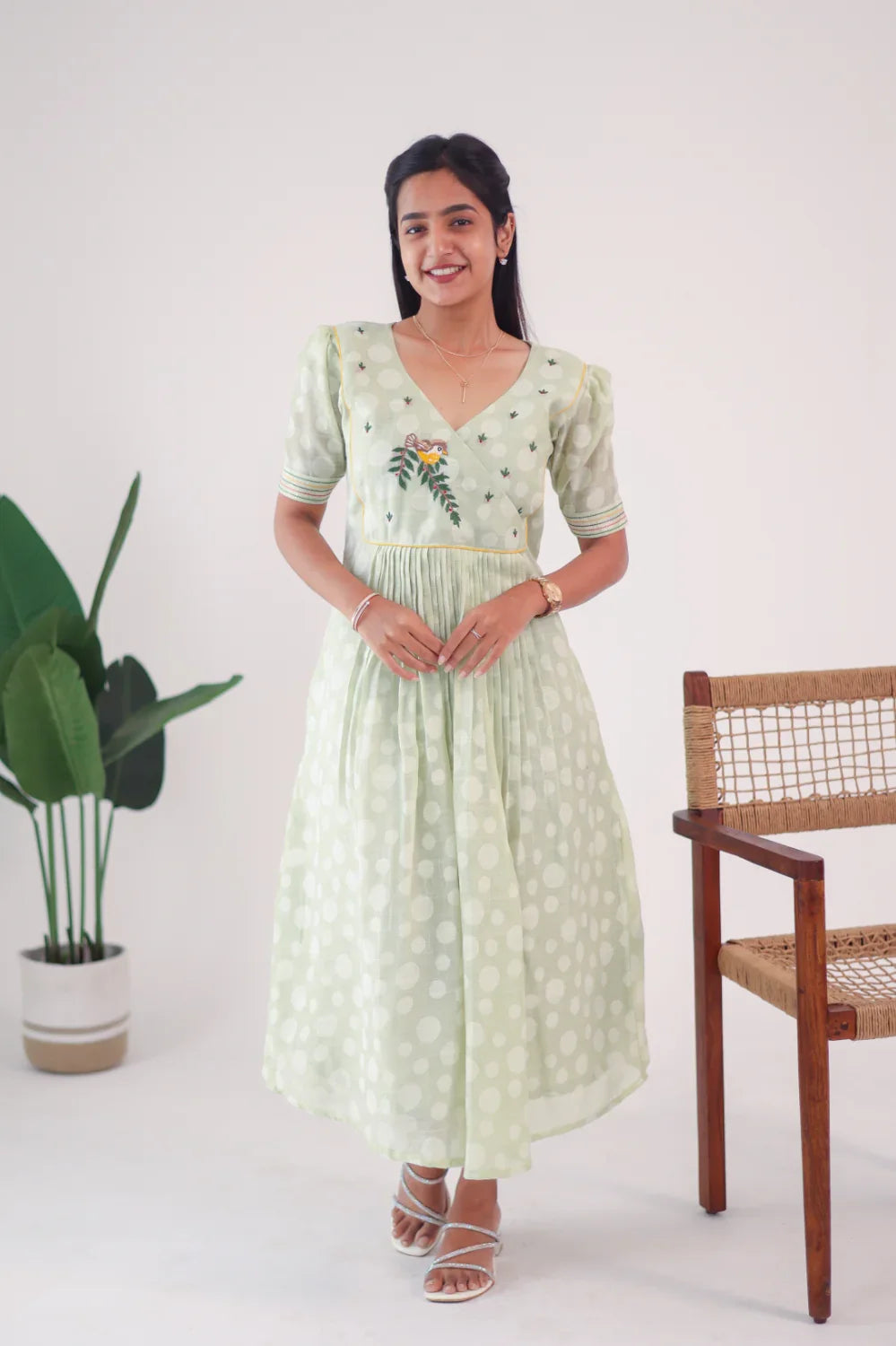 Light Green Embroidered Cotton Dress - Label Xari