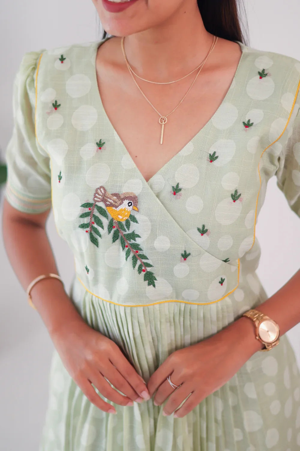 Light Green Embroidered Cotton Dress - Label Xari