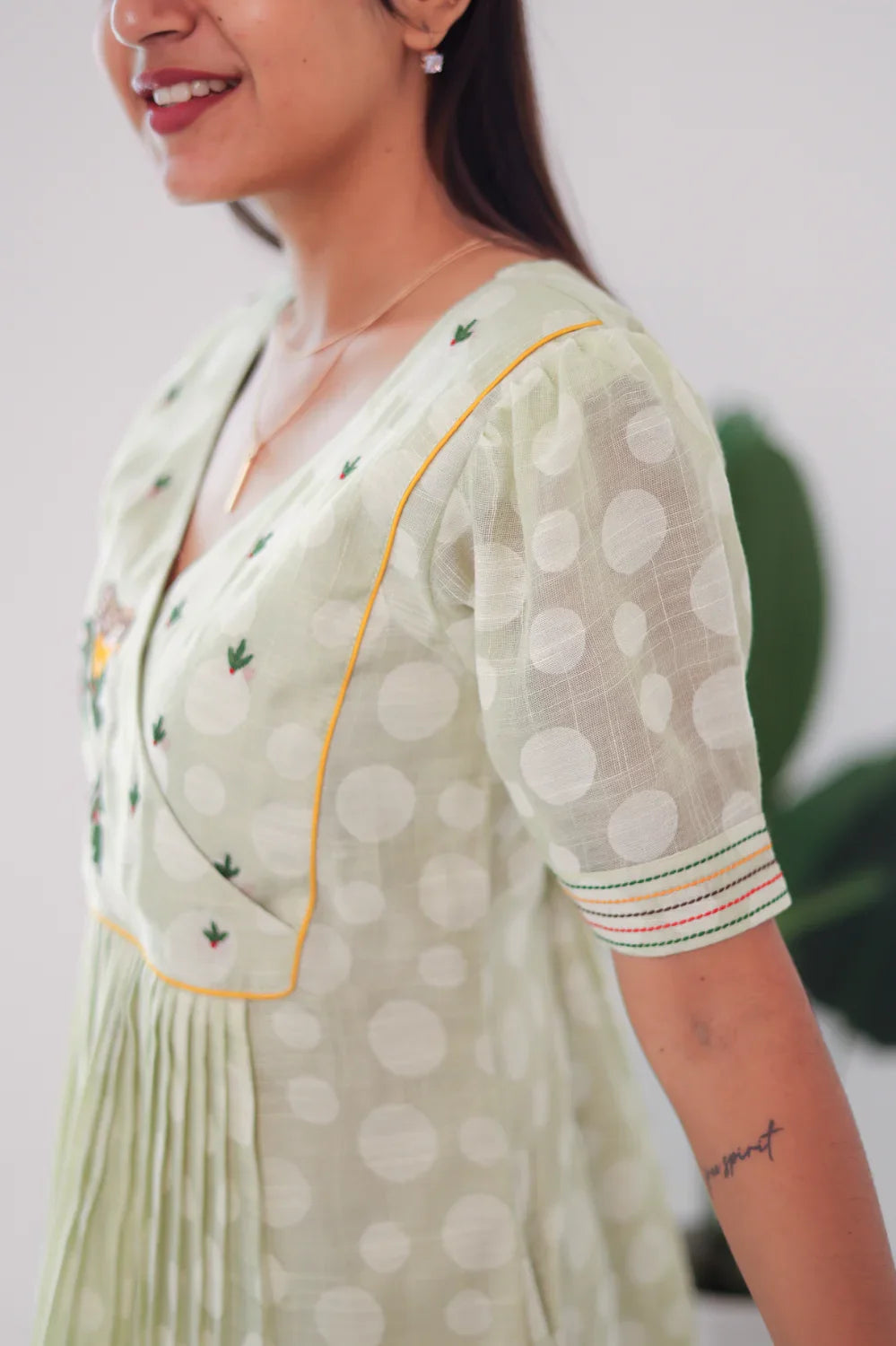 Light Green Embroidered Cotton Dress - Label Xari