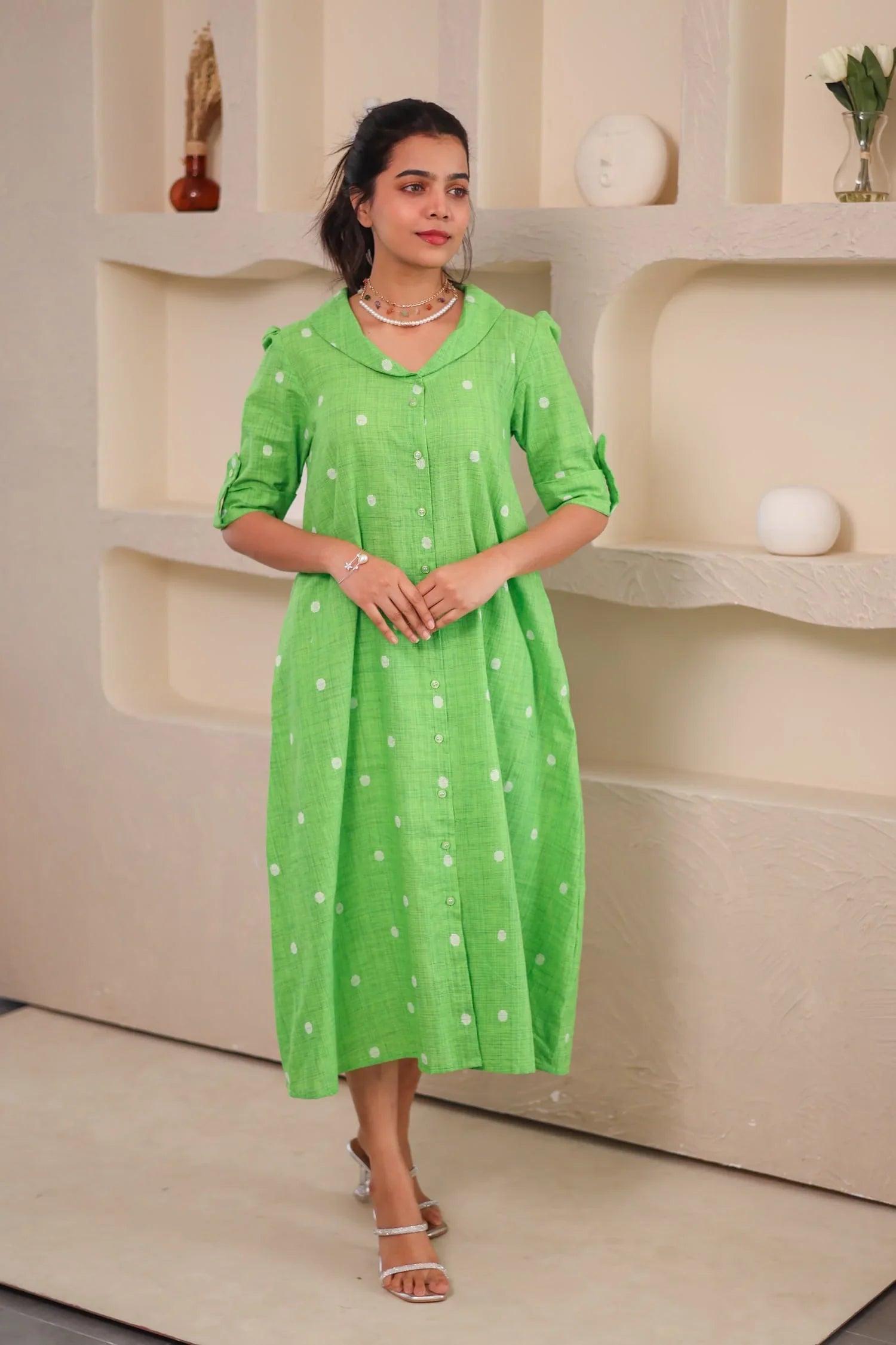 Green Polka Dot Cotton Dress - Hello June