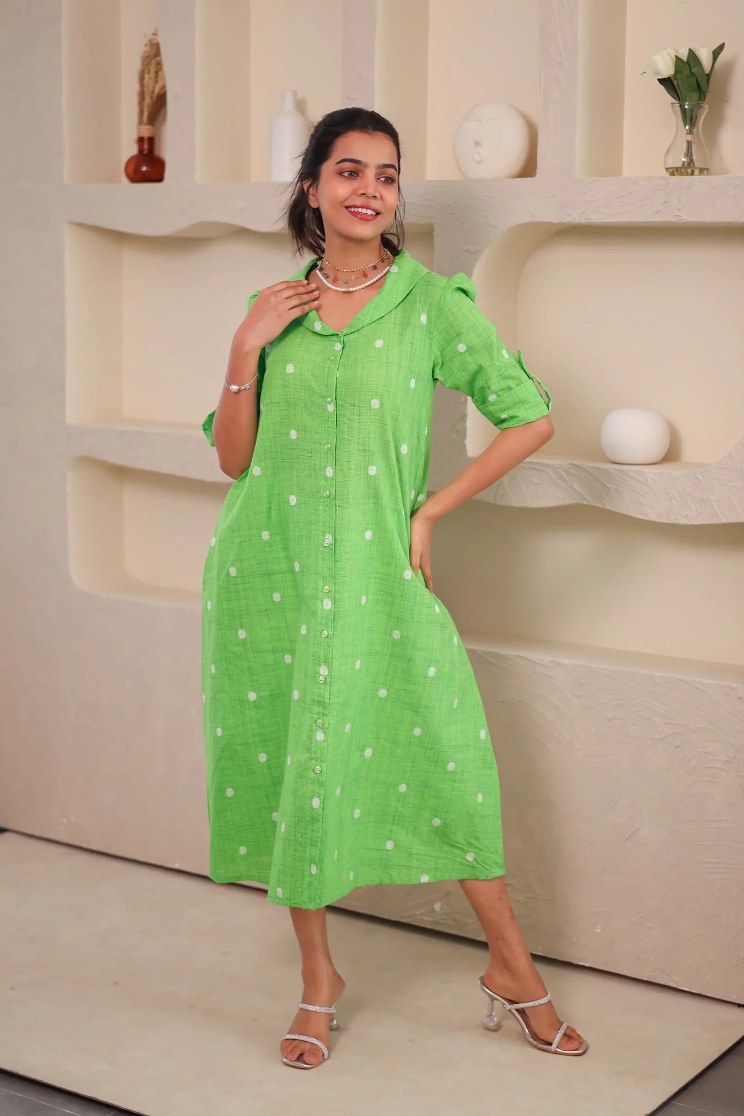 Green Polka Dot Cotton Dress - Hello June