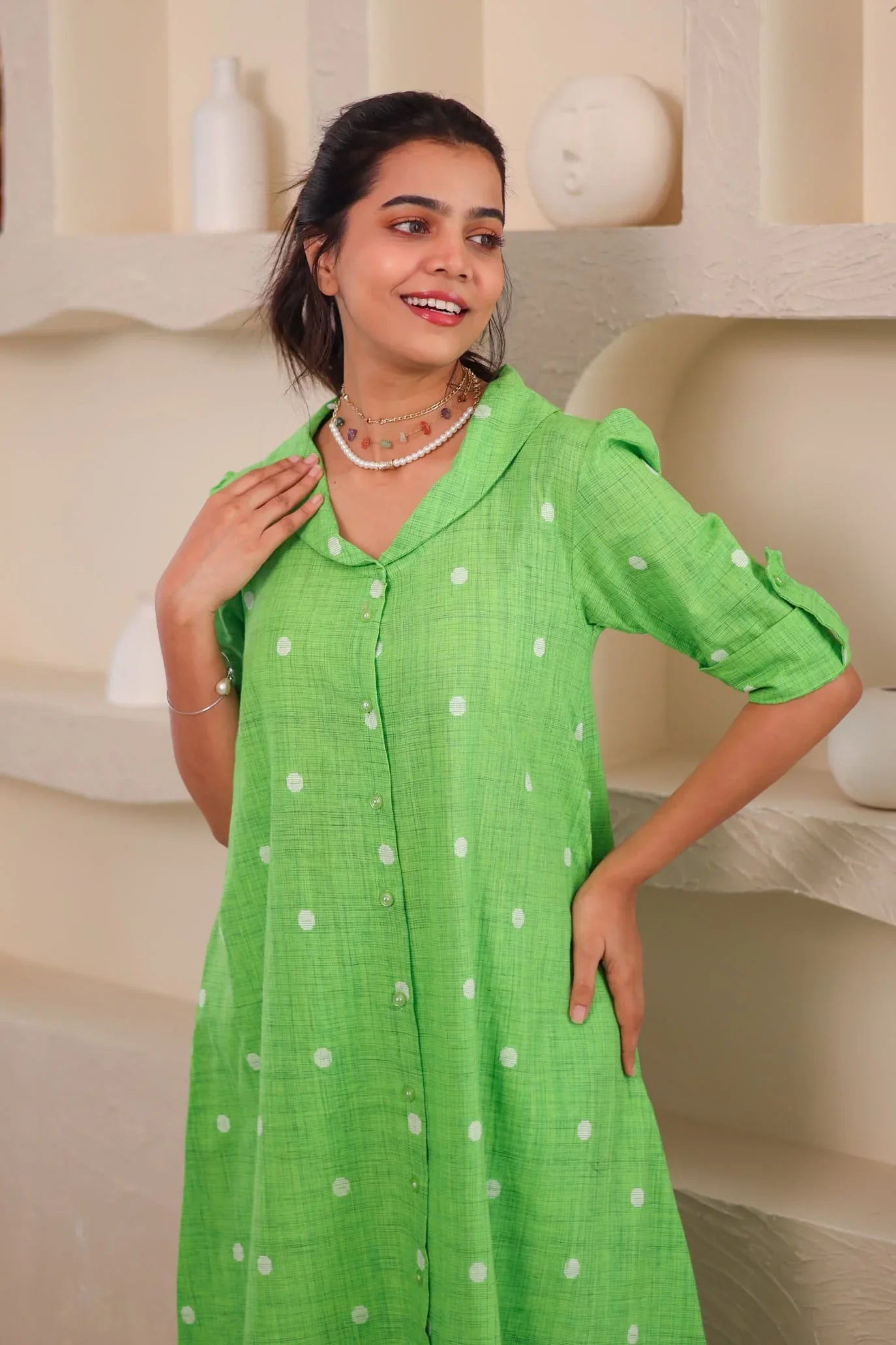 Green Polka Dot Cotton Dress - Hello June