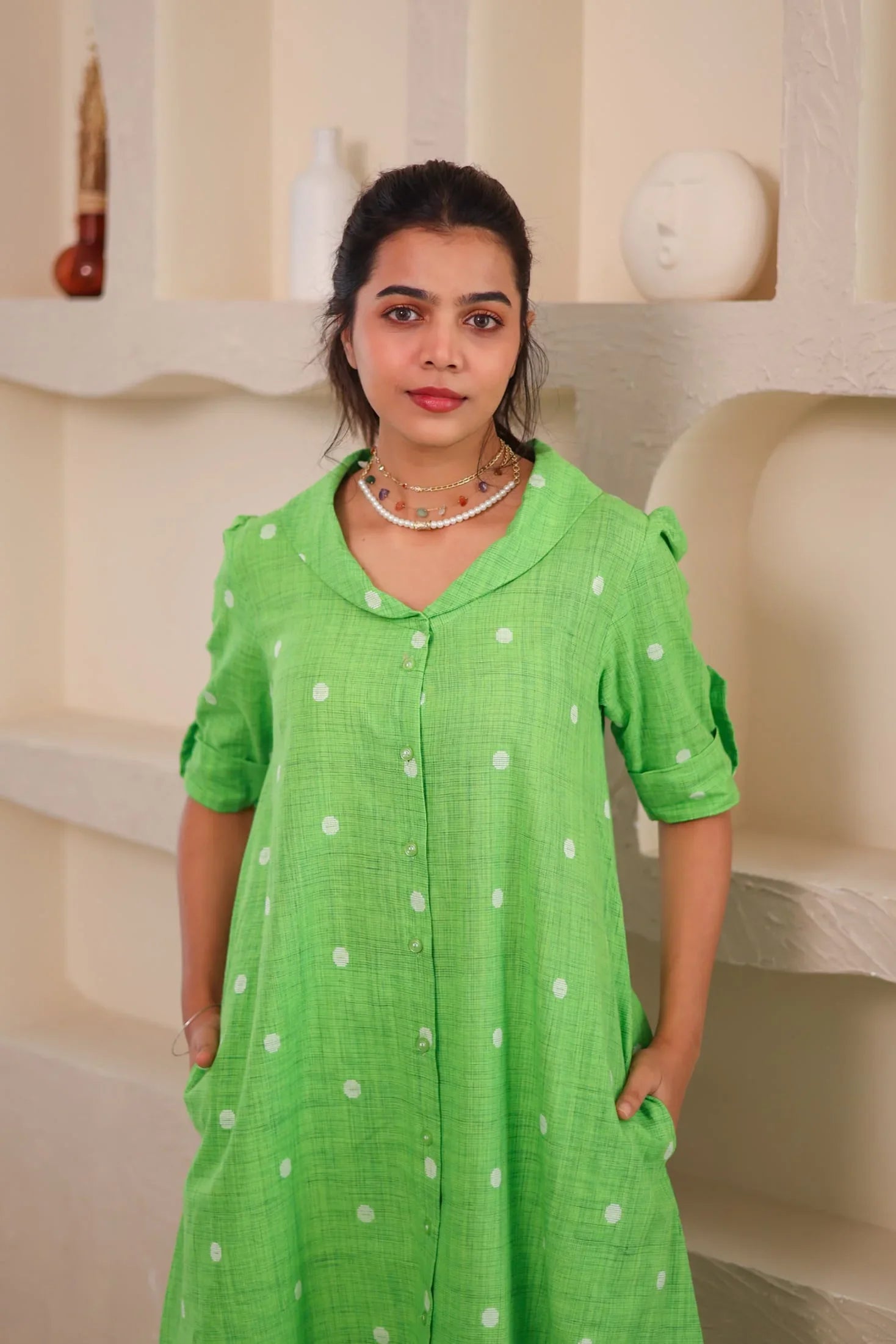 Green Polka Dot Cotton Dress - Hello June