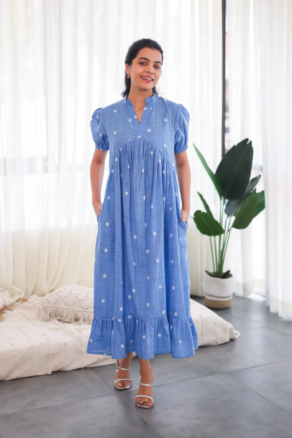 Blue Polka Dot Cotton Dress - Main Image