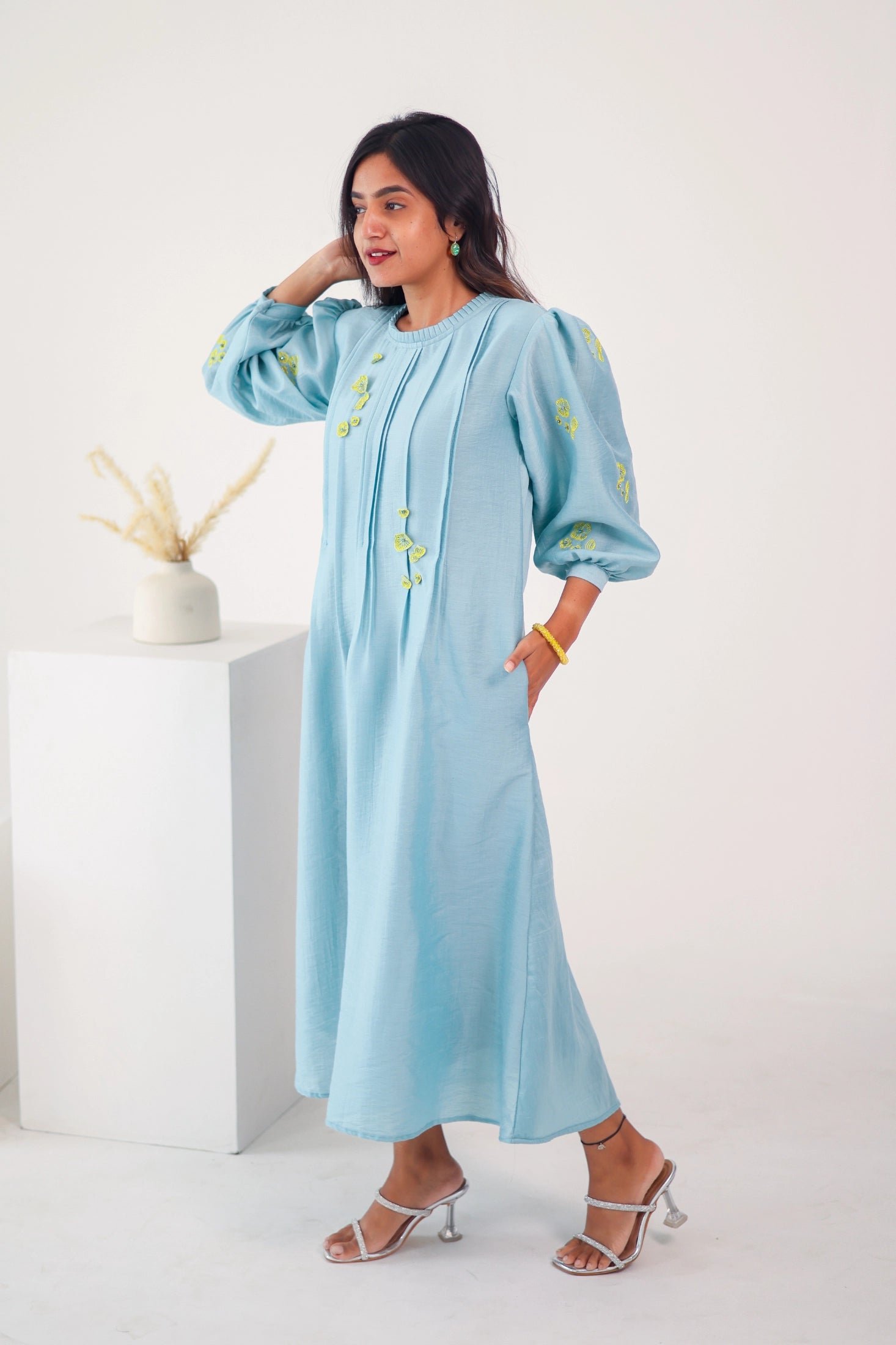 Light Blue Embroidered Chanderi Silk Dress - Label Xari