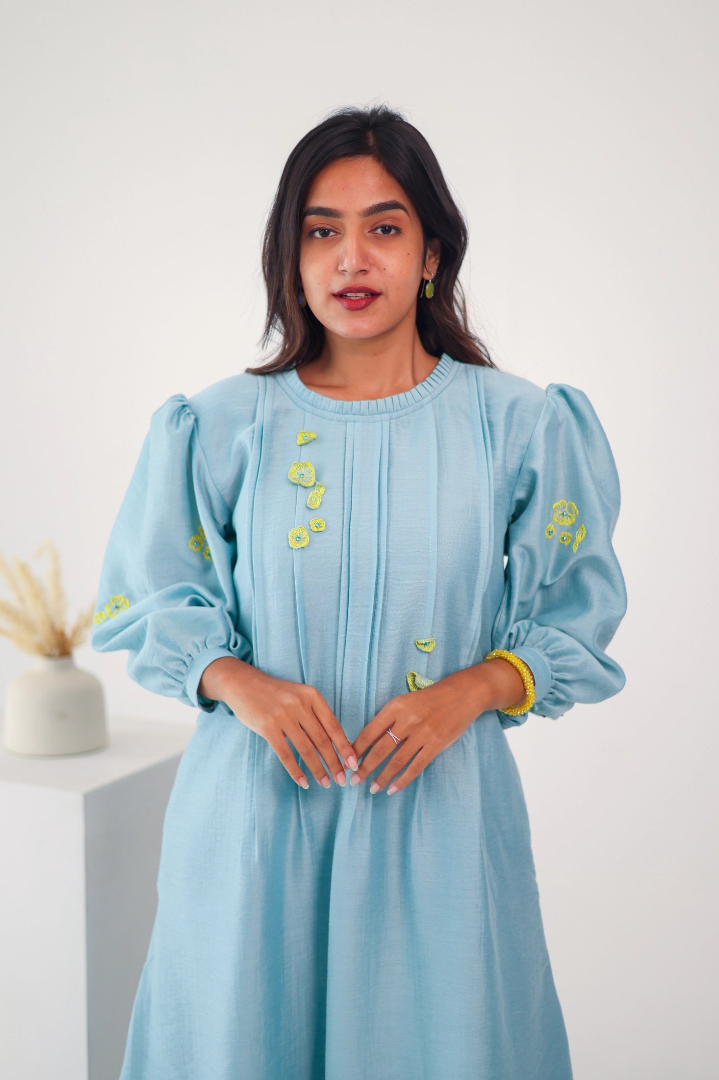 Light Blue Embroidered Chanderi Silk Dress - Label Xari
