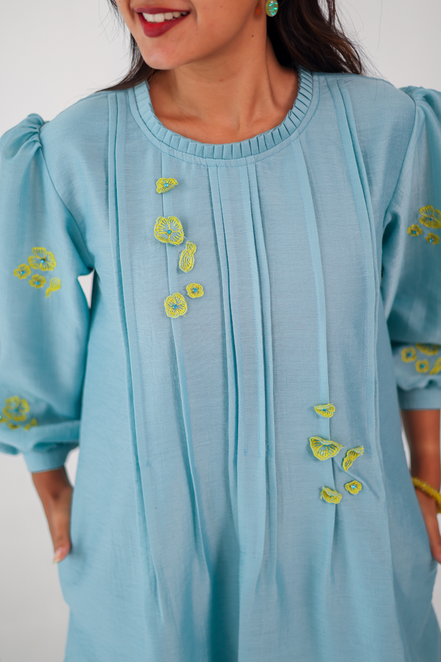 Light Blue Embroidered Chanderi Silk Dress - Label Xari