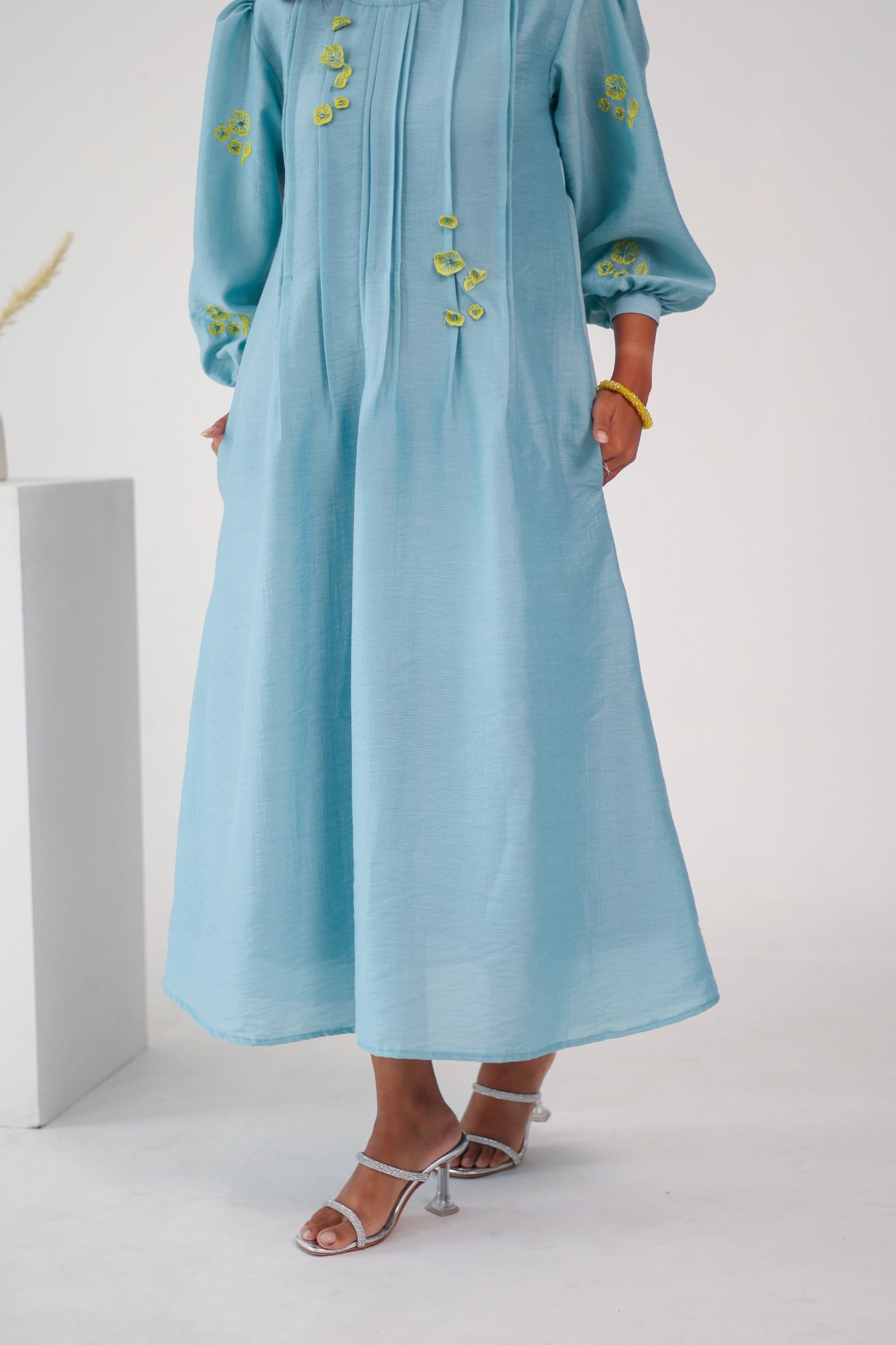 Light Blue Embroidered Chanderi Silk Dress - Label Xari
