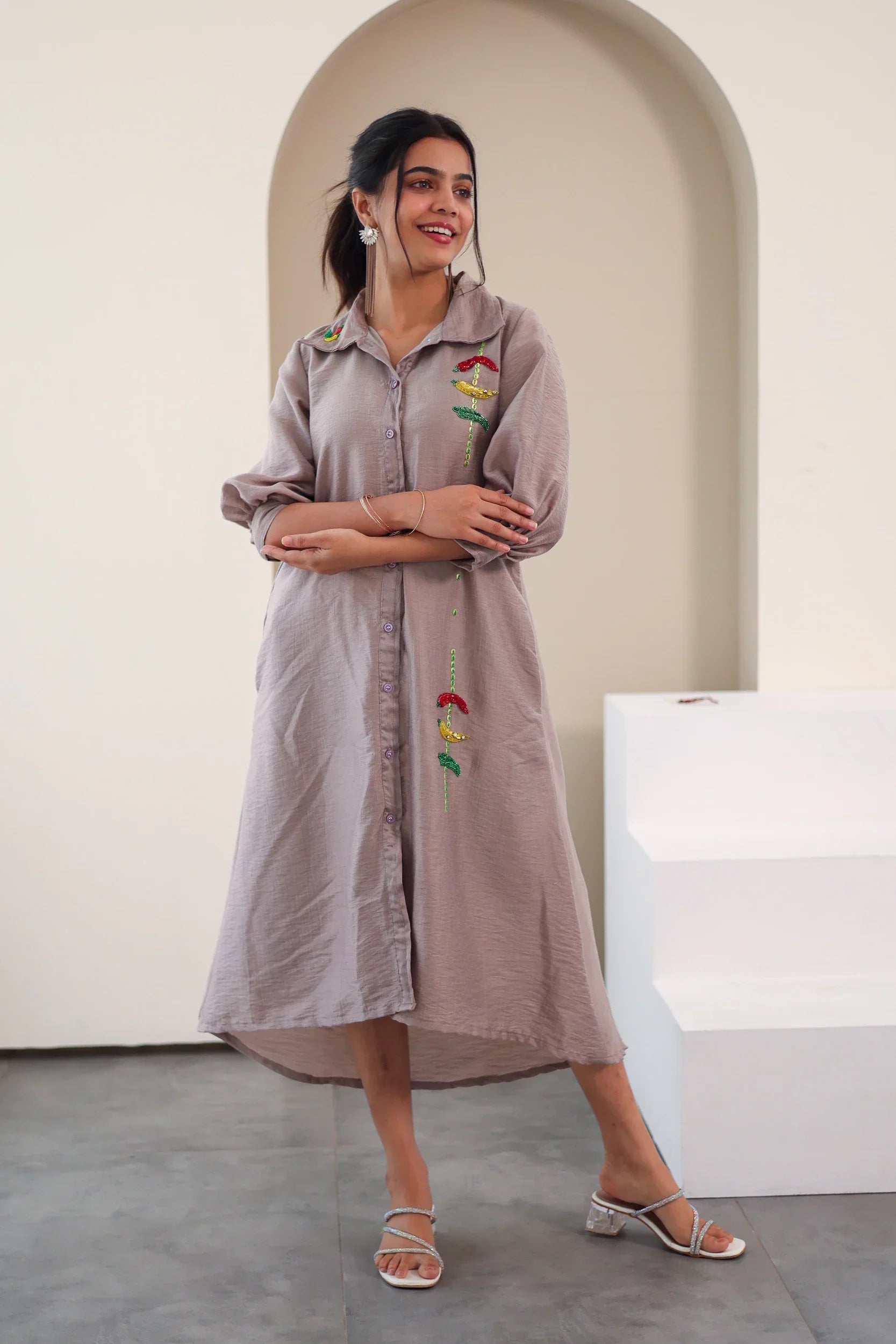 Grey Embroidered Chanderi Silk - Shirt Dress - Hello June
