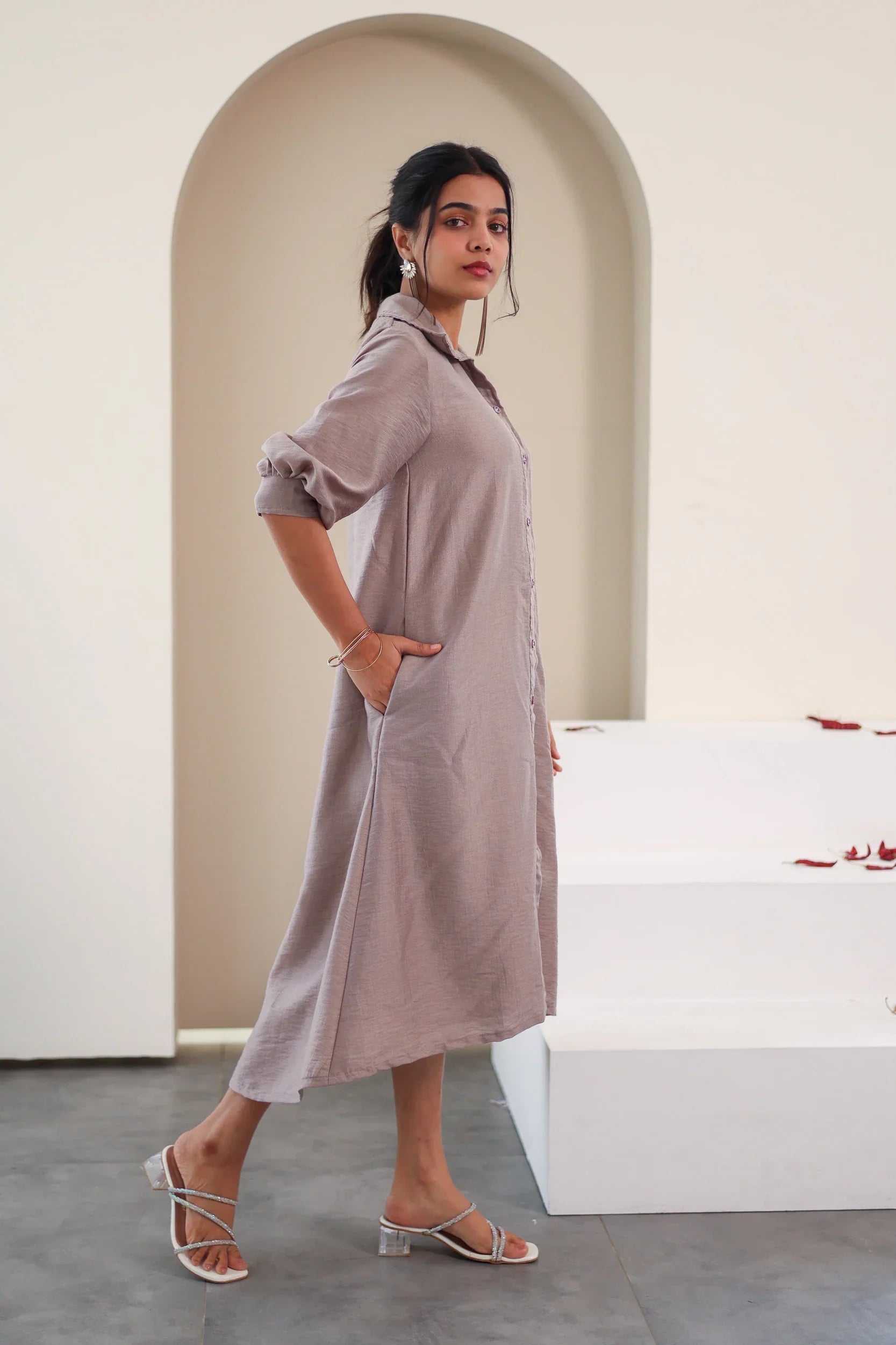 Grey Embroidered Chanderi Silk - Shirt Dress - Hello June