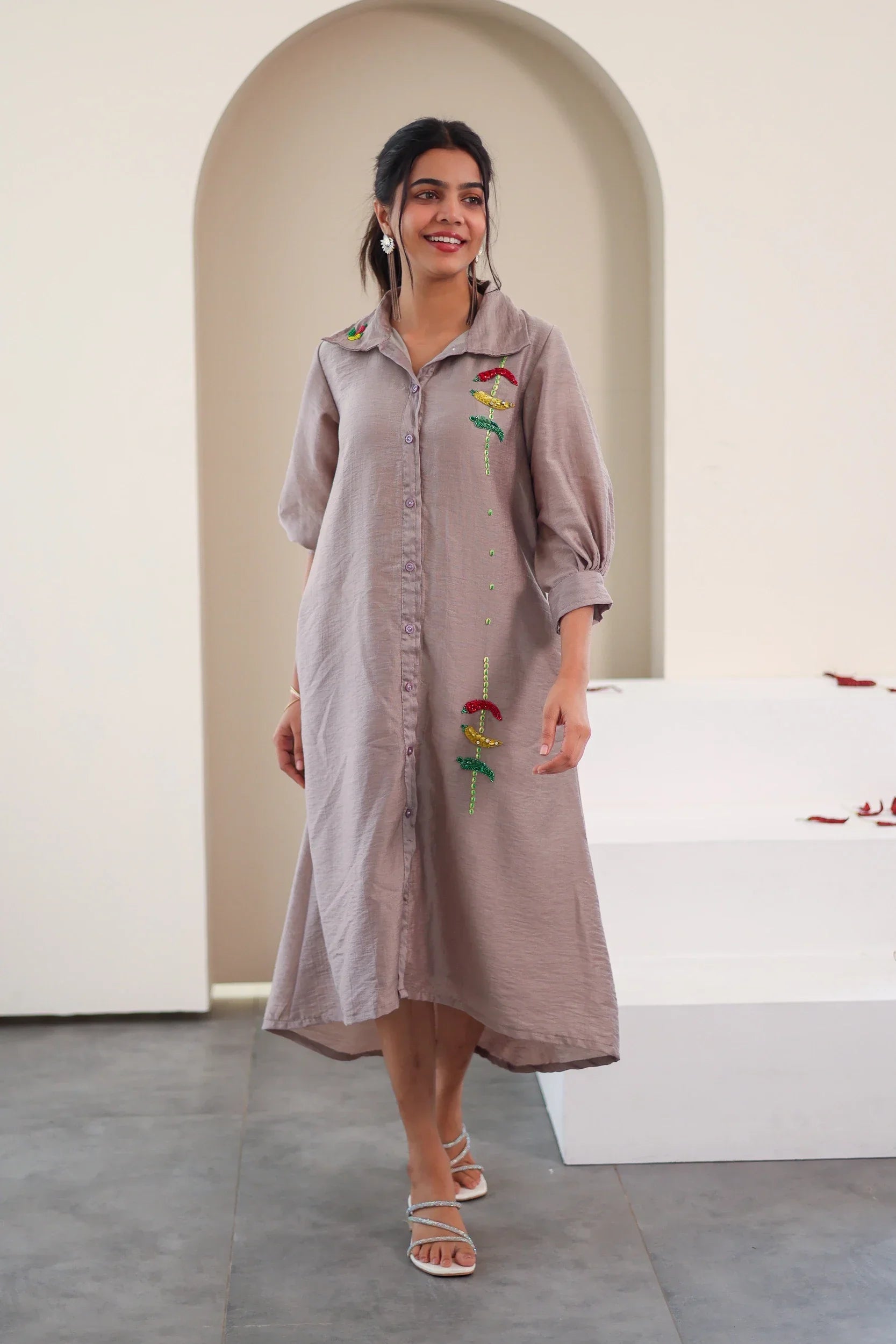 Grey Embroidered Chanderi Silk - Shirt Dress - Hello June