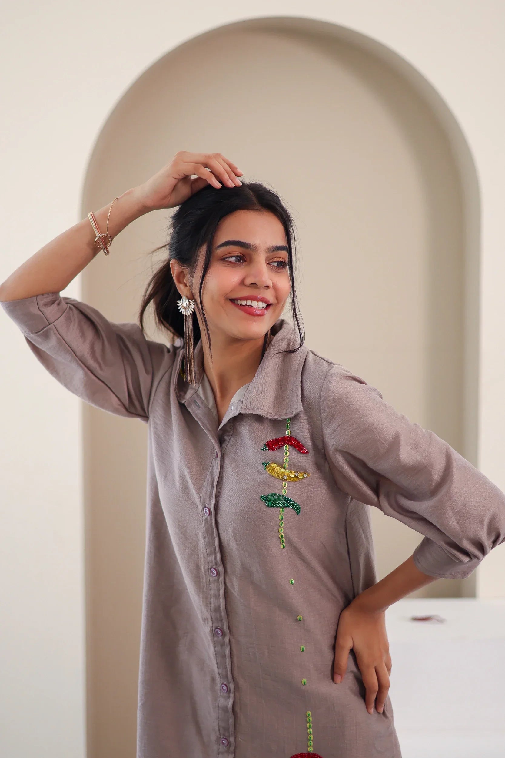 Grey Embroidered Chanderi Silk - Shirt Dress - Hello June