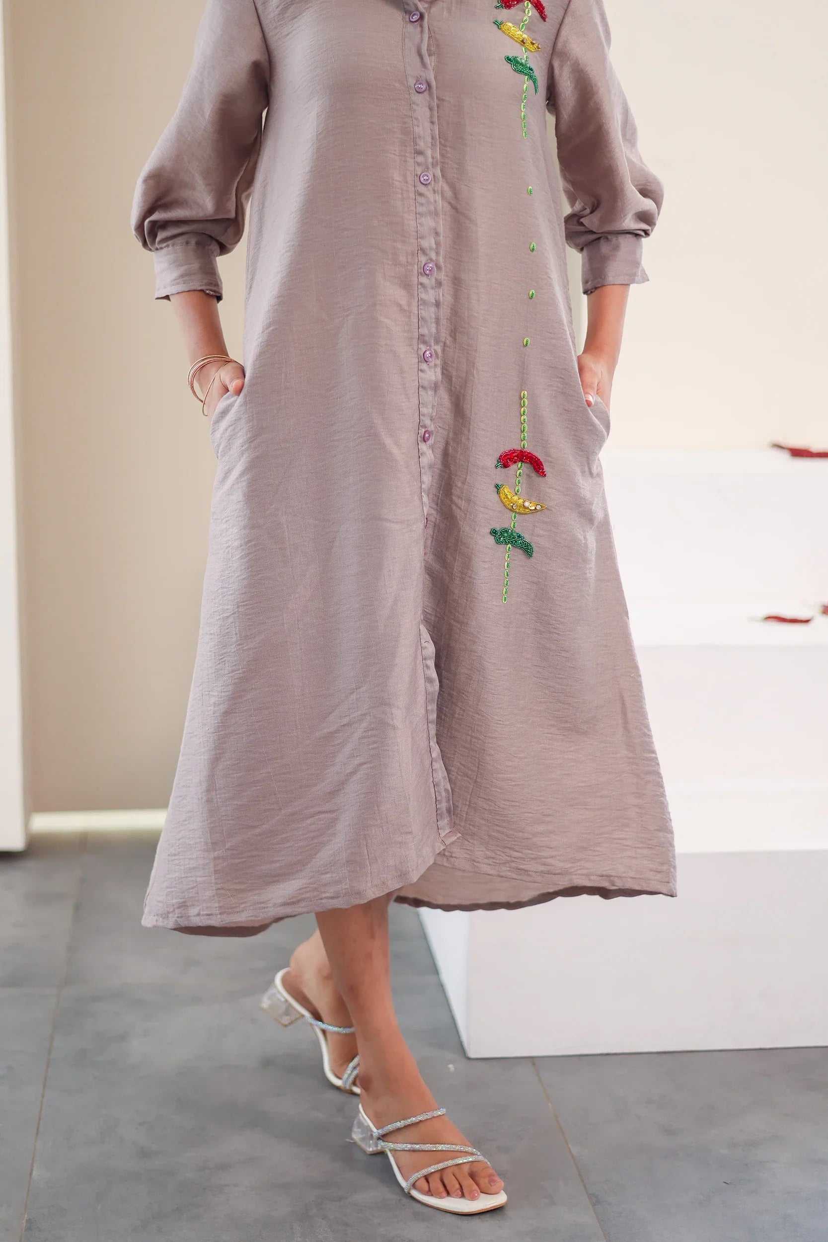 Grey Embroidered Chanderi Silk - Shirt Dress - Hello June