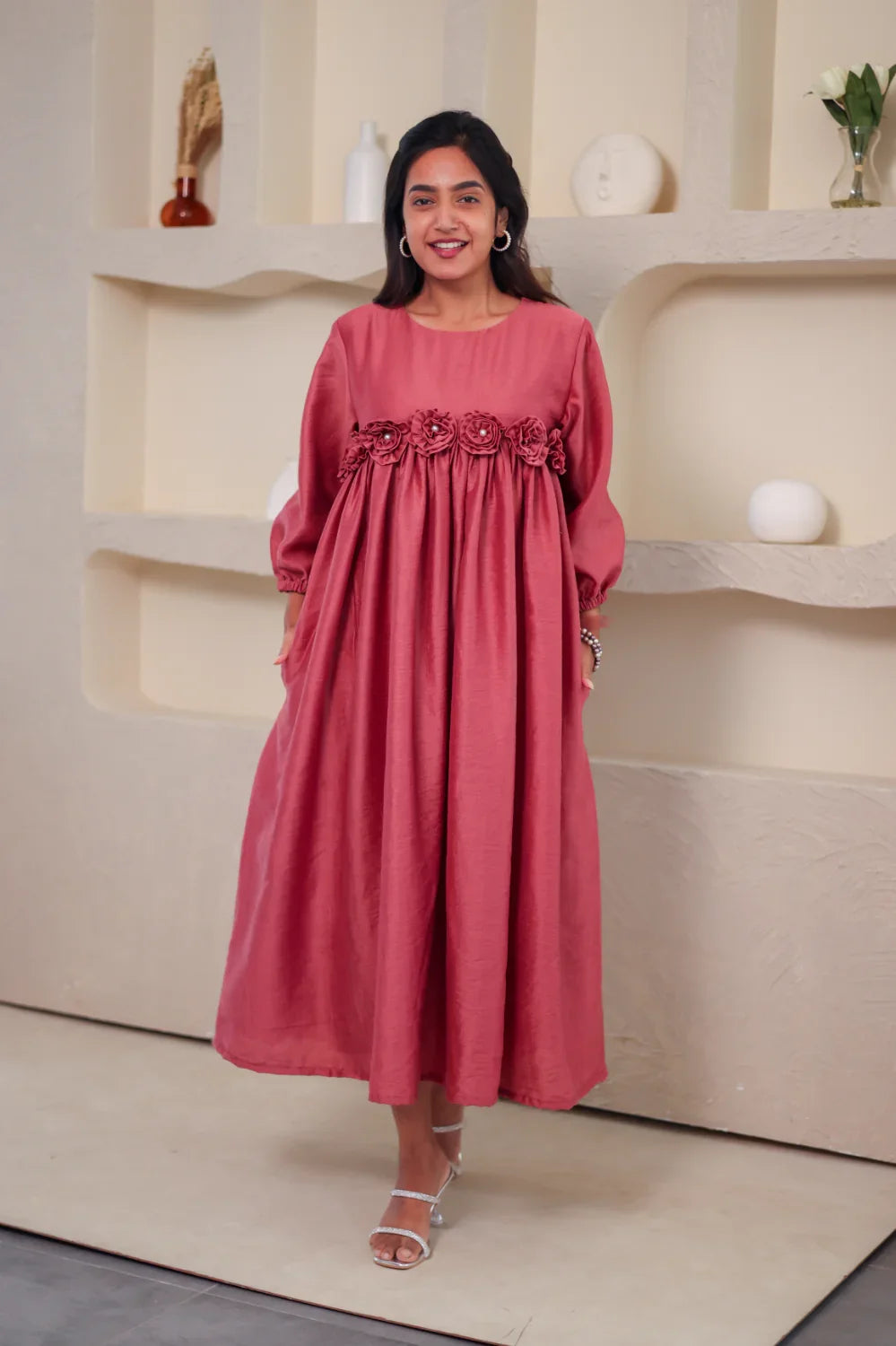 Pink Flower Embroidered Chanderi Silk Dress - Hello June