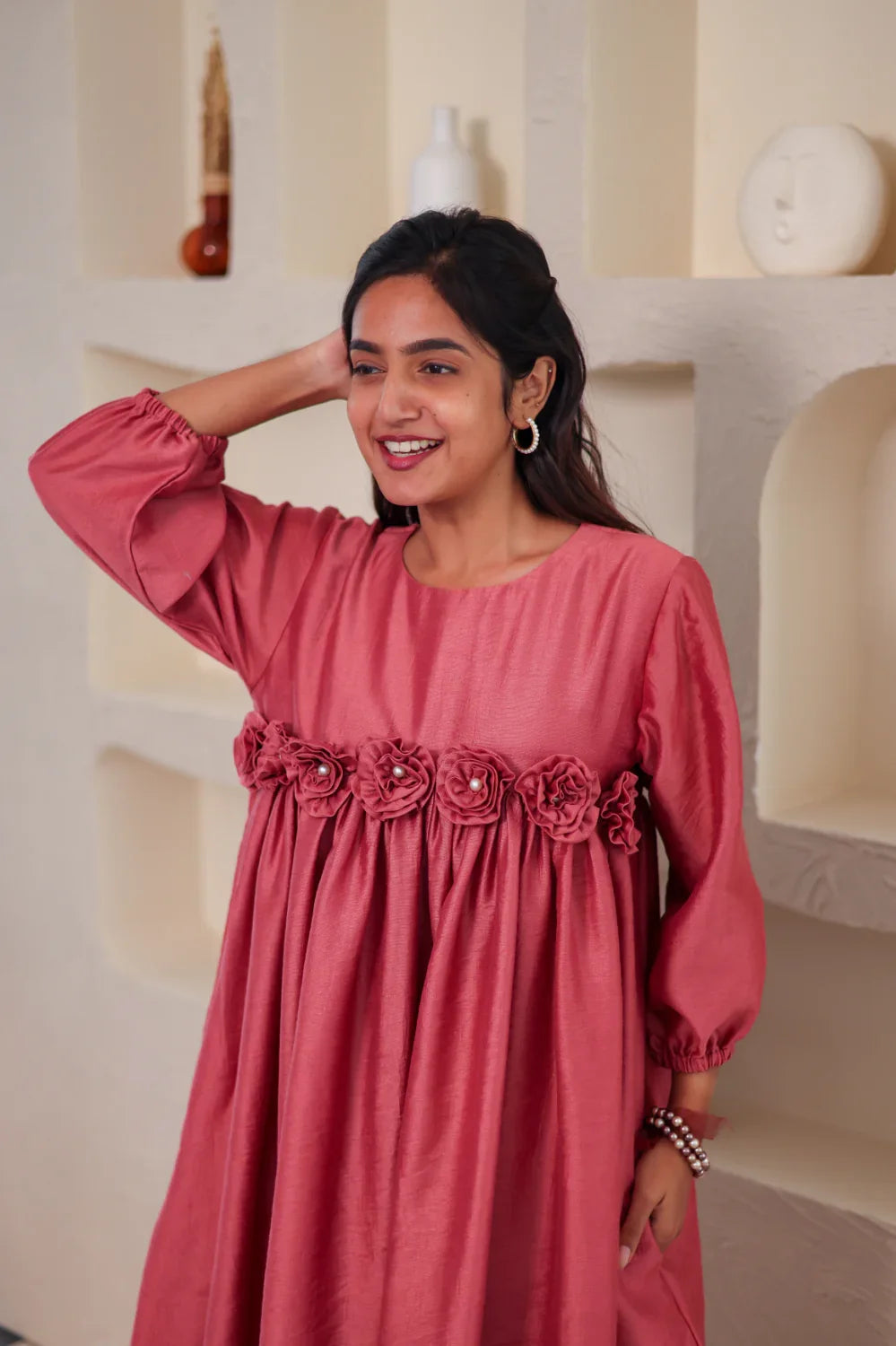 Pink Flower Embroidered Chanderi Silk Dress - Hello June