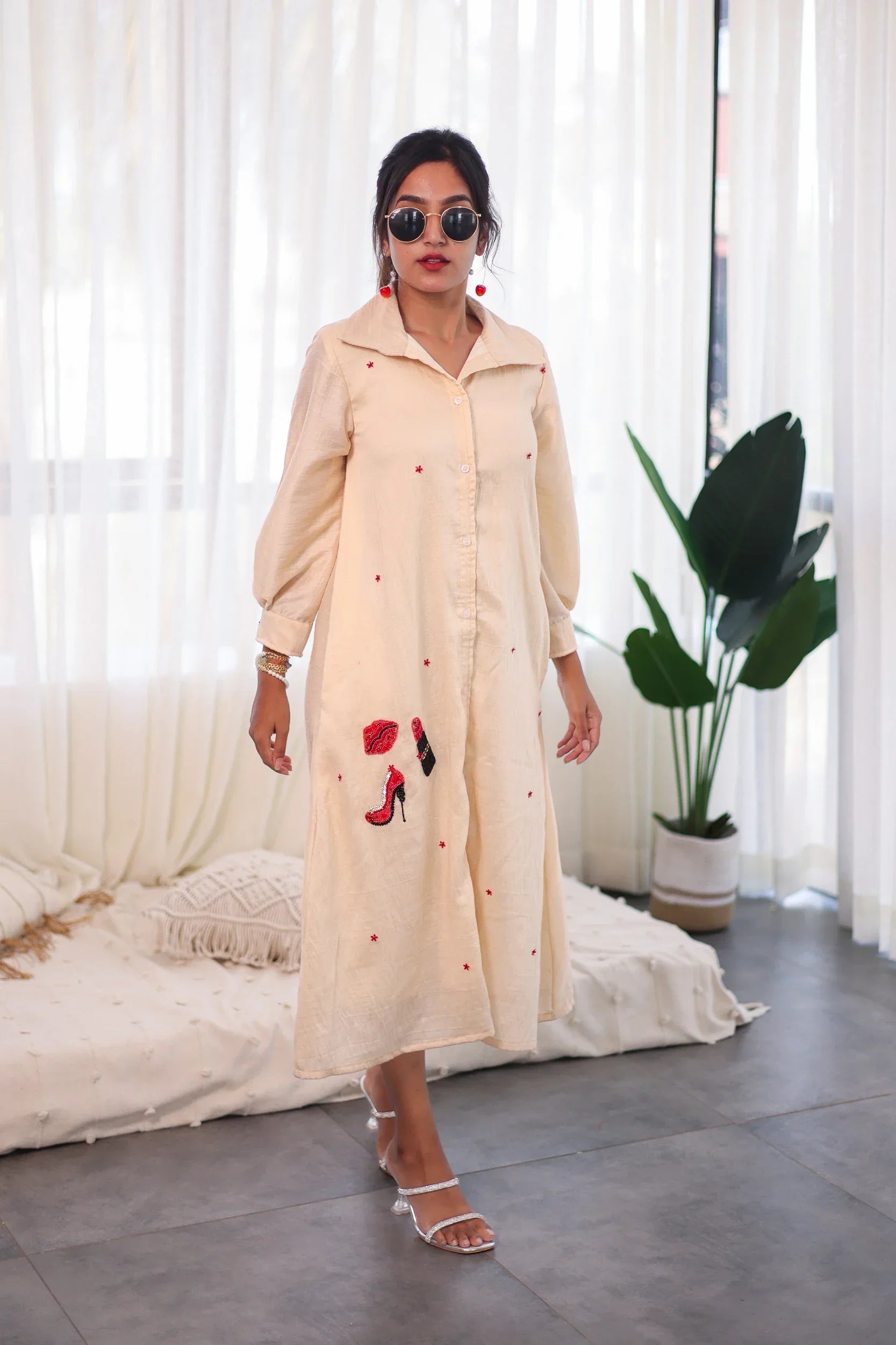 Off-White Embroidered Chanderi Silk - Shirt Dress - Label Xari