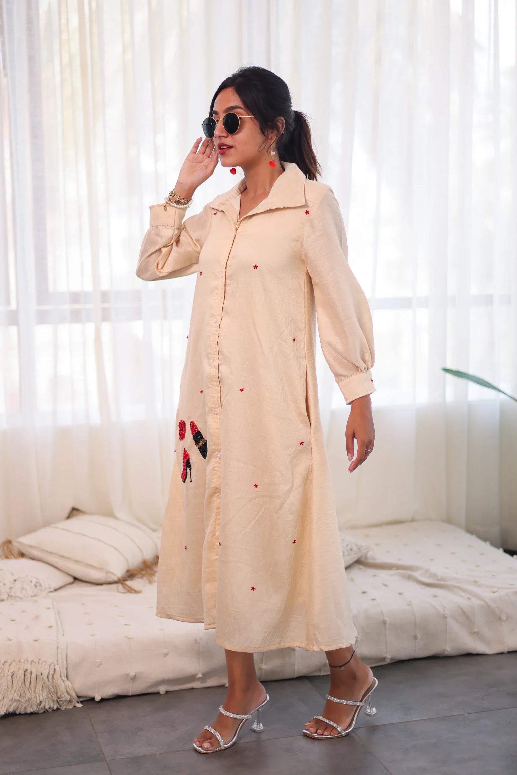 Off-White Embroidered Chanderi Silk - Shirt Dress - Label Xari