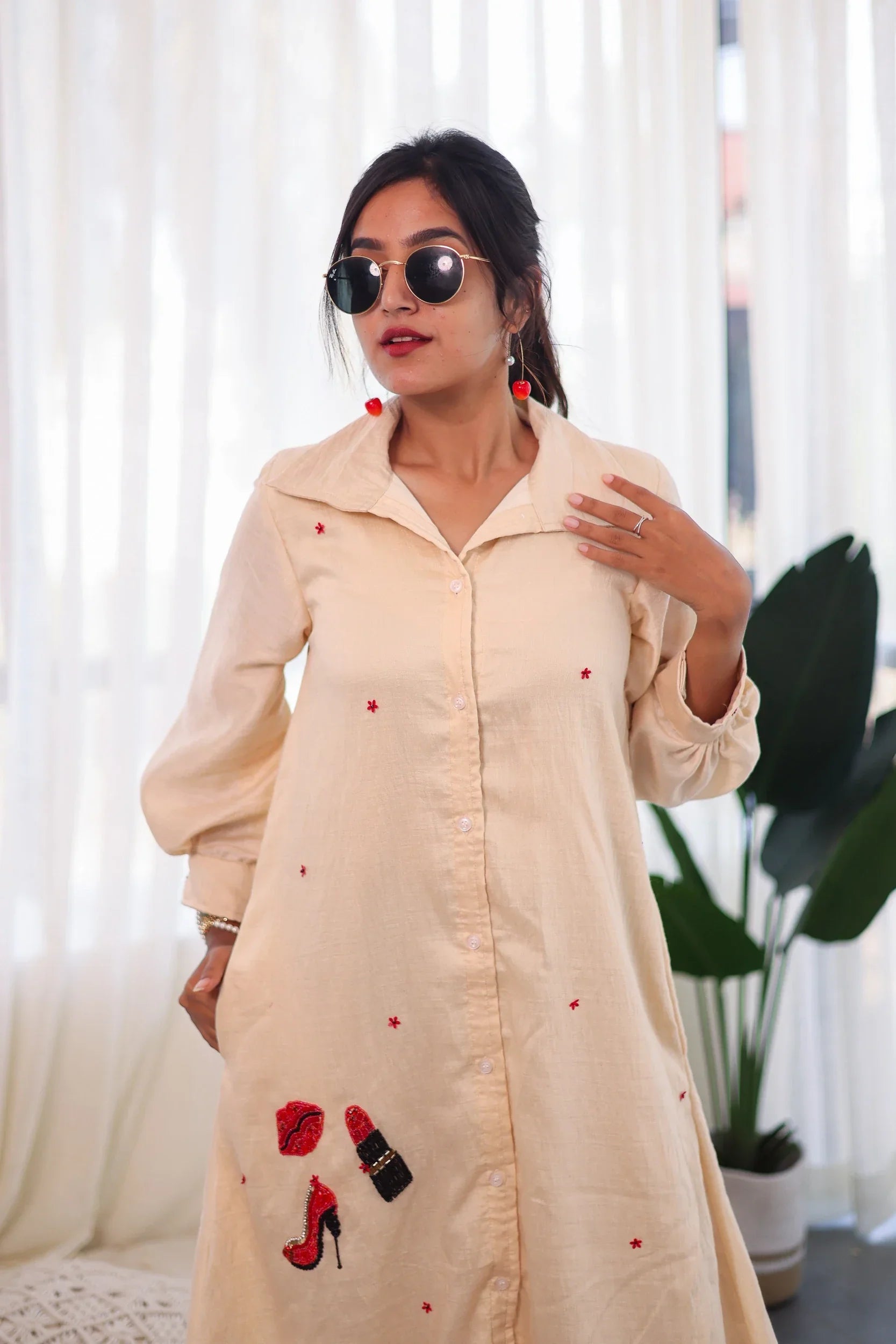 Off-White Embroidered Chanderi Silk - Shirt Dress - Label Xari