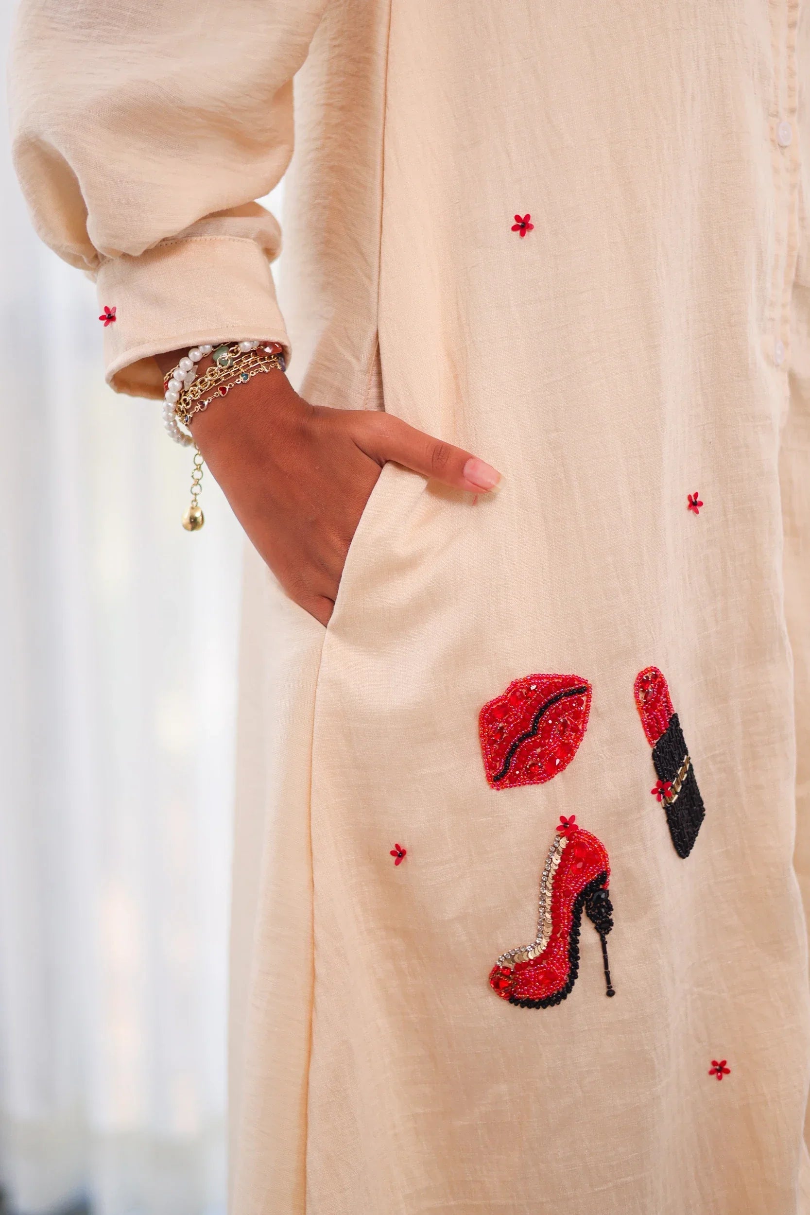 Off-White Embroidered Chanderi Silk - Shirt Dress - Label Xari