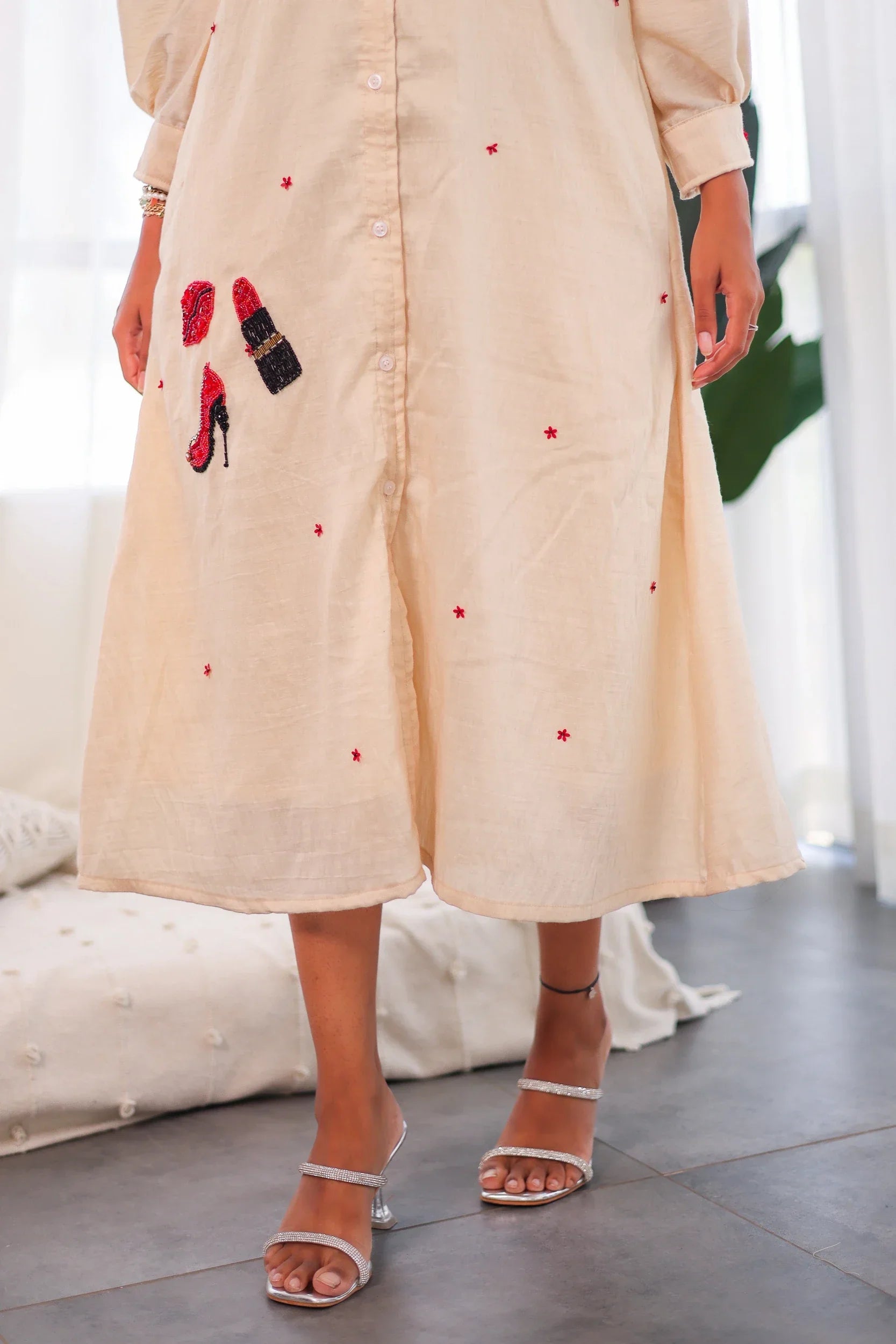 Off-White Embroidered Chanderi Silk - Shirt Dress - Label Xari