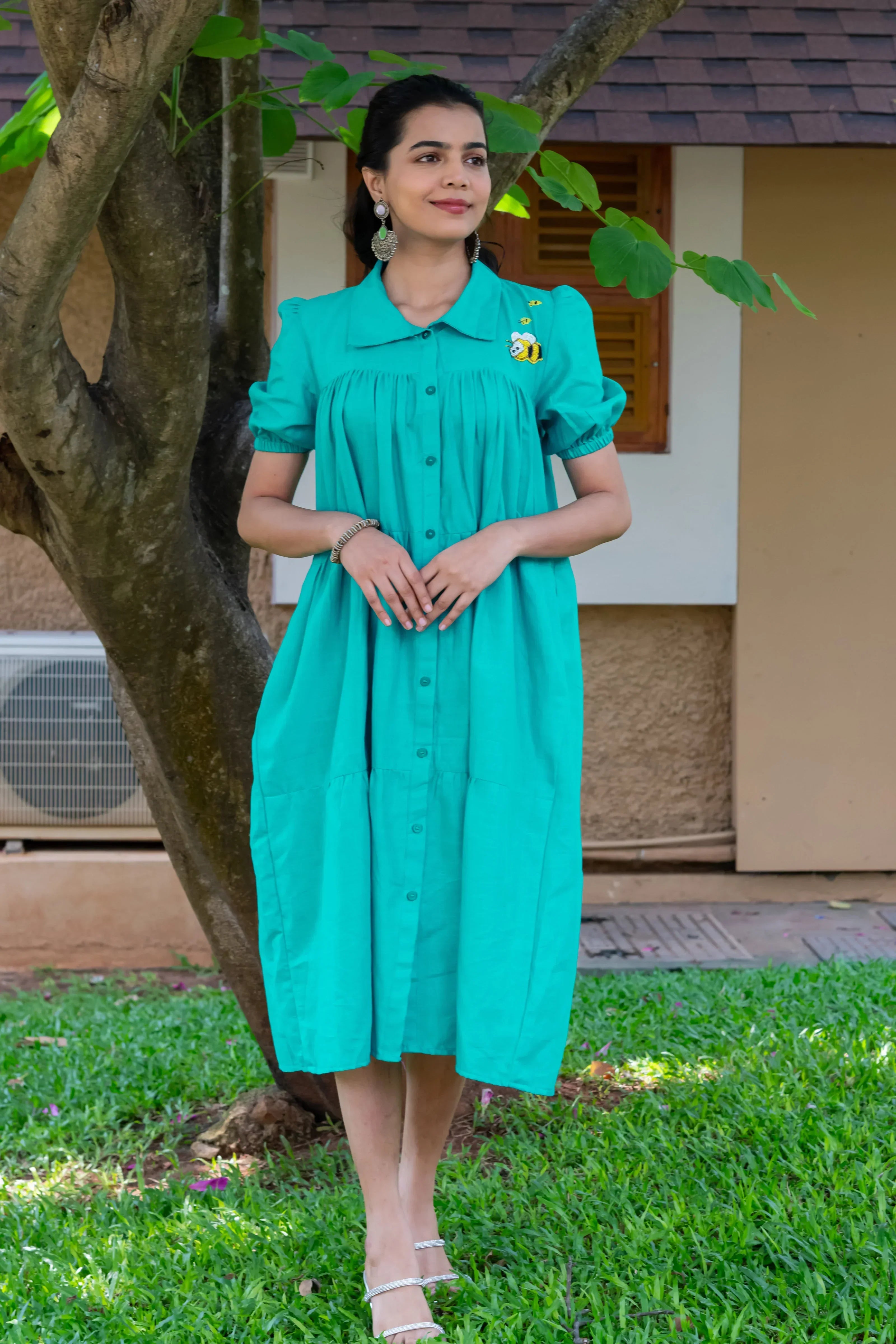 Teal Cotton Linen Dress with Honey Bee Embroidery - Hello June