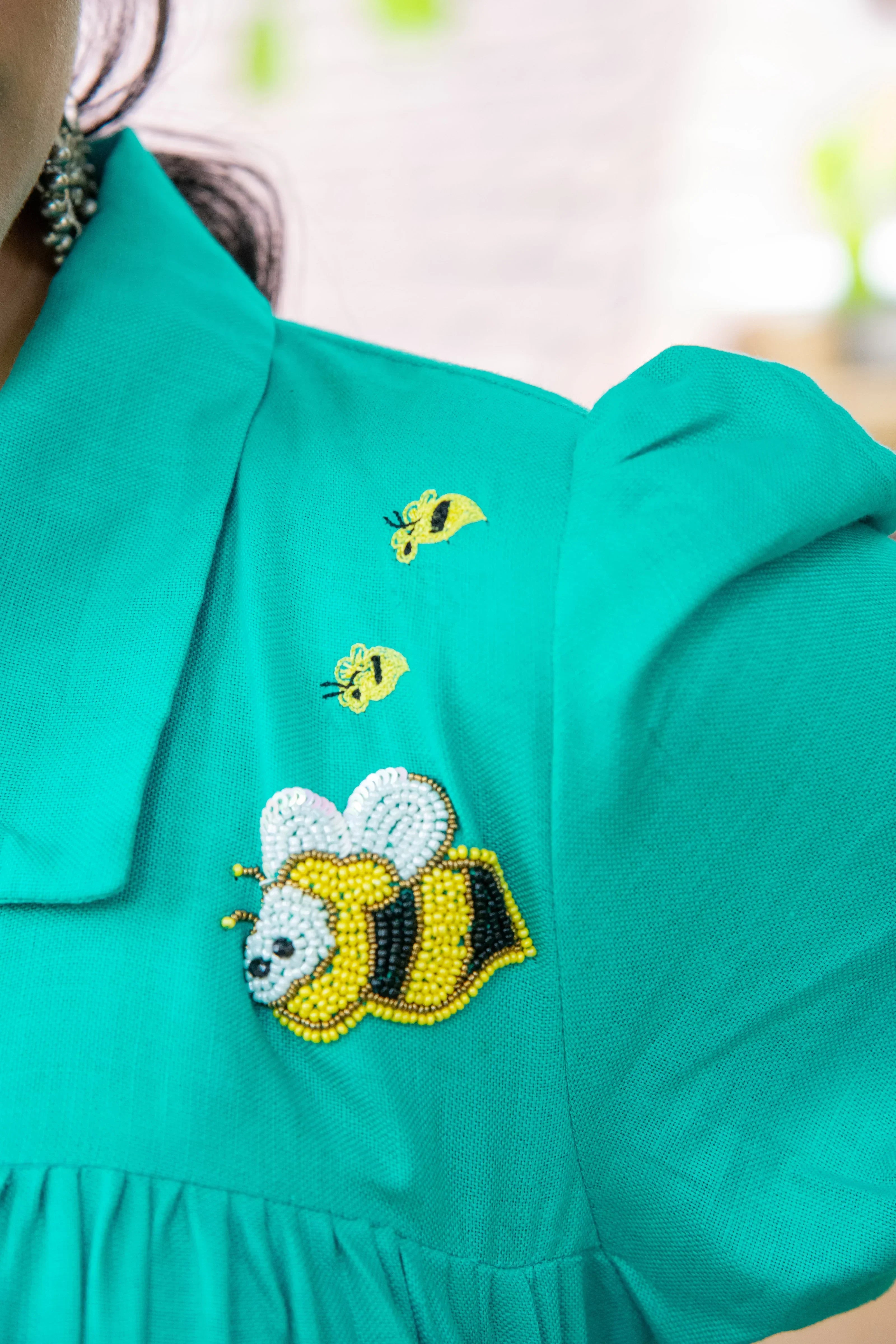 Teal Cotton Linen Dress with Honey Bee Embroidery - Hello June