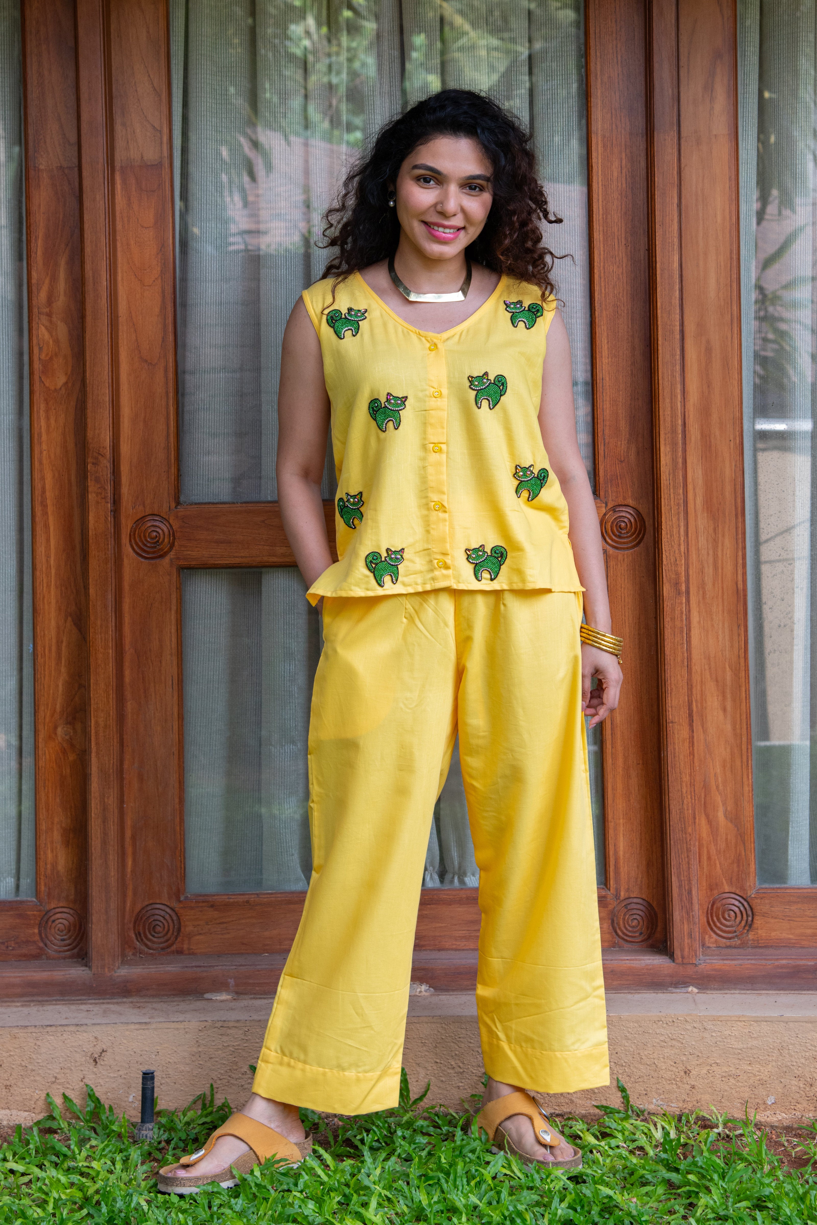 Yellow Cotton Co-Ord with Cat Embroidery - Label Xari
