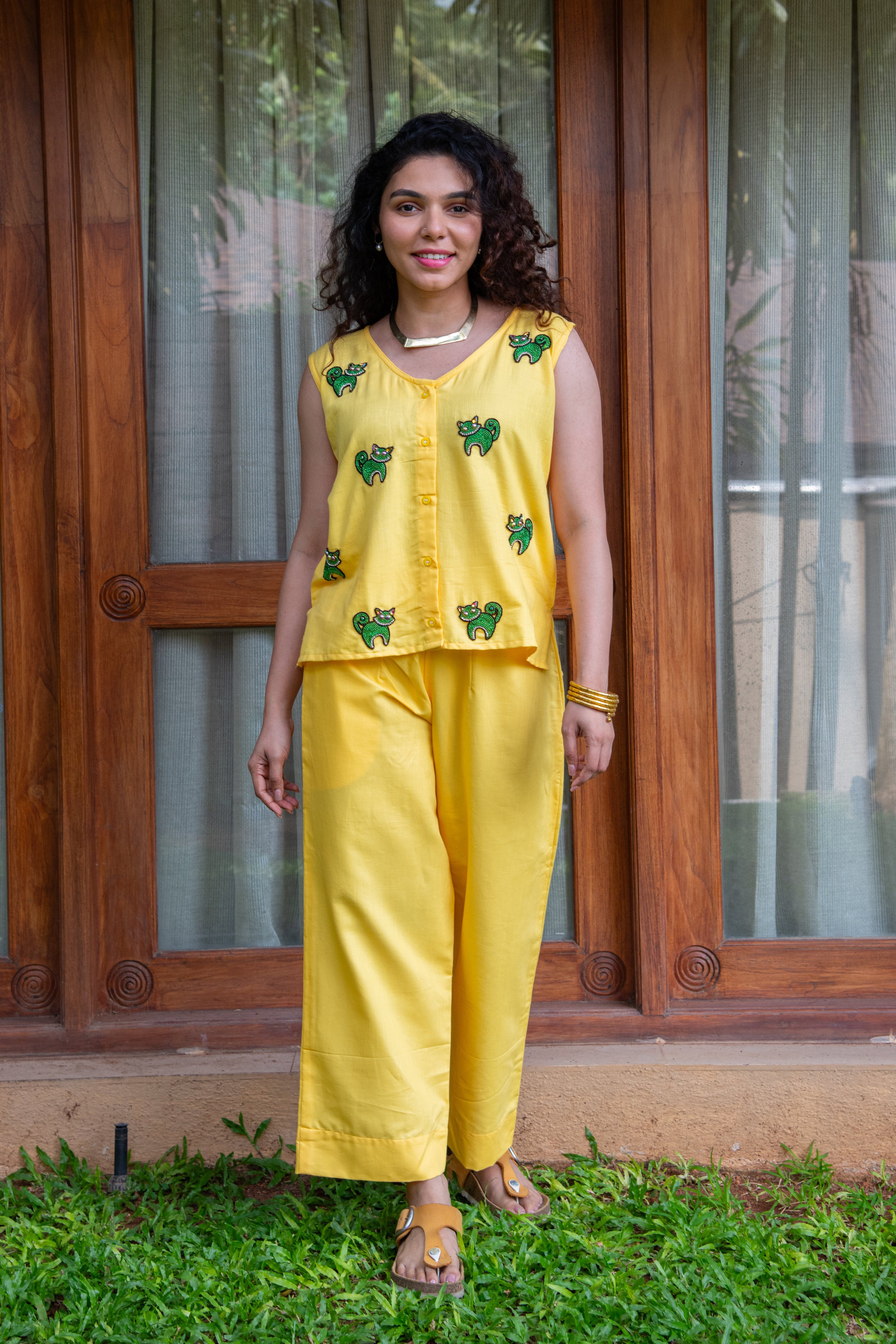 Yellow Cotton Co-Ord with Cat Embroidery - Label Xari