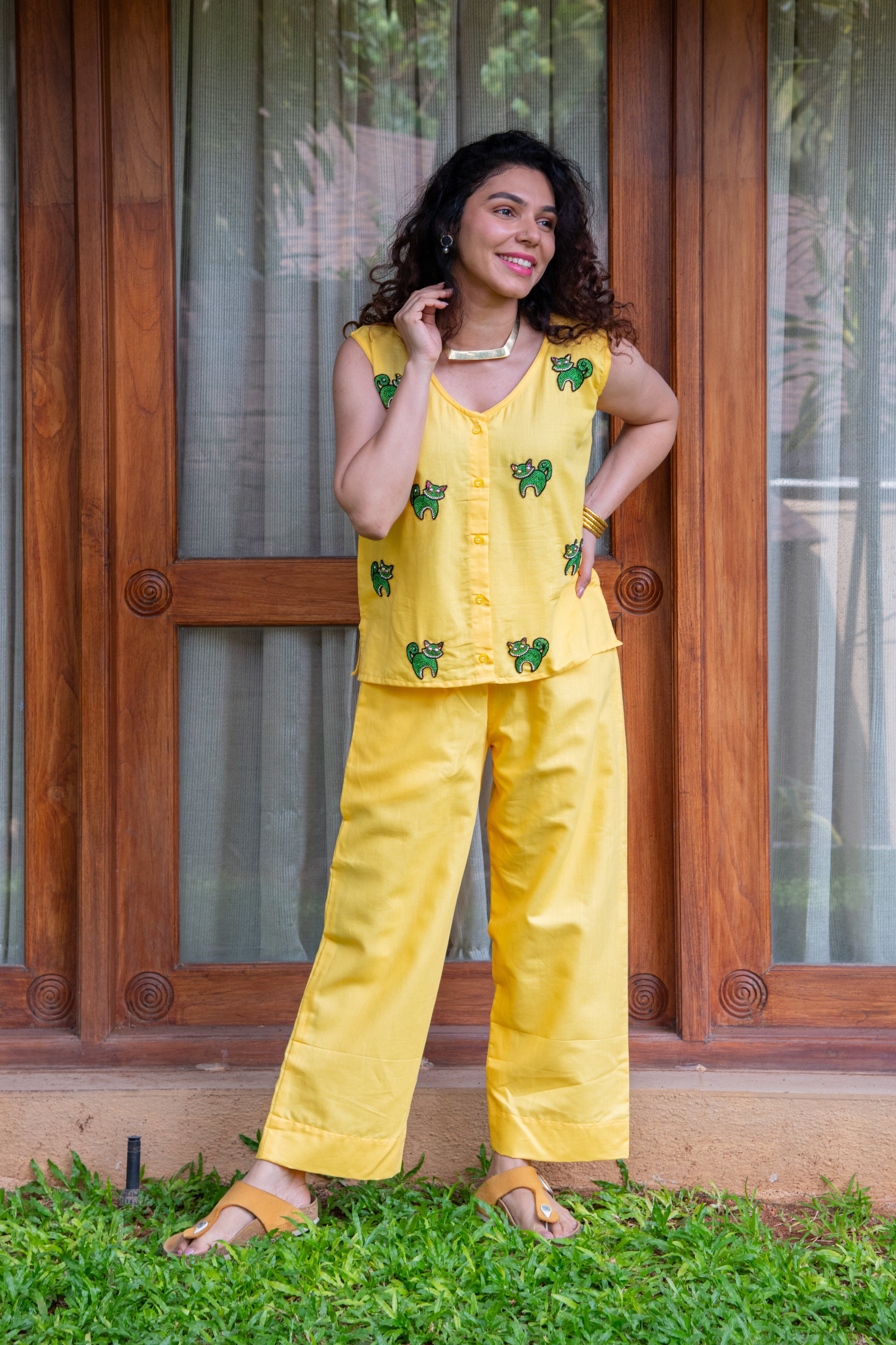 Yellow Cotton Co-Ord with Cat Embroidery - Label Xari