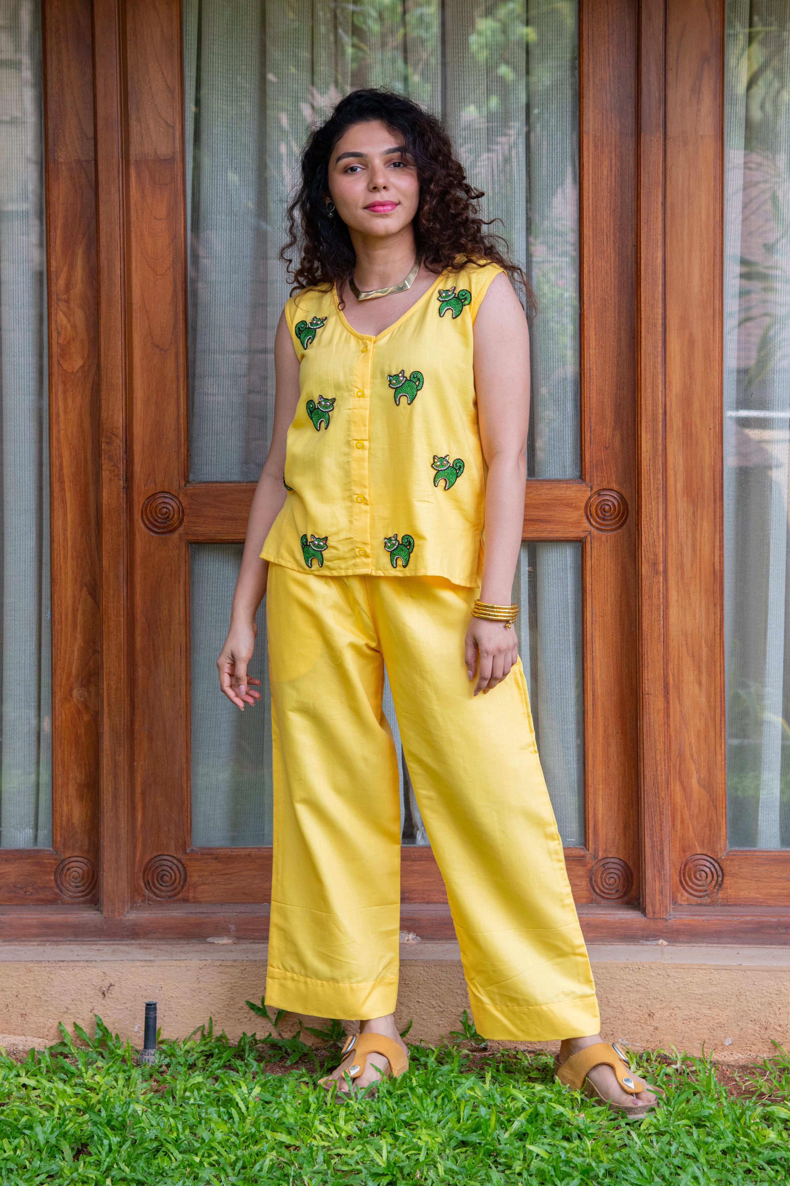Yellow Cotton Co-Ord with Cat Embroidery - Label Xari