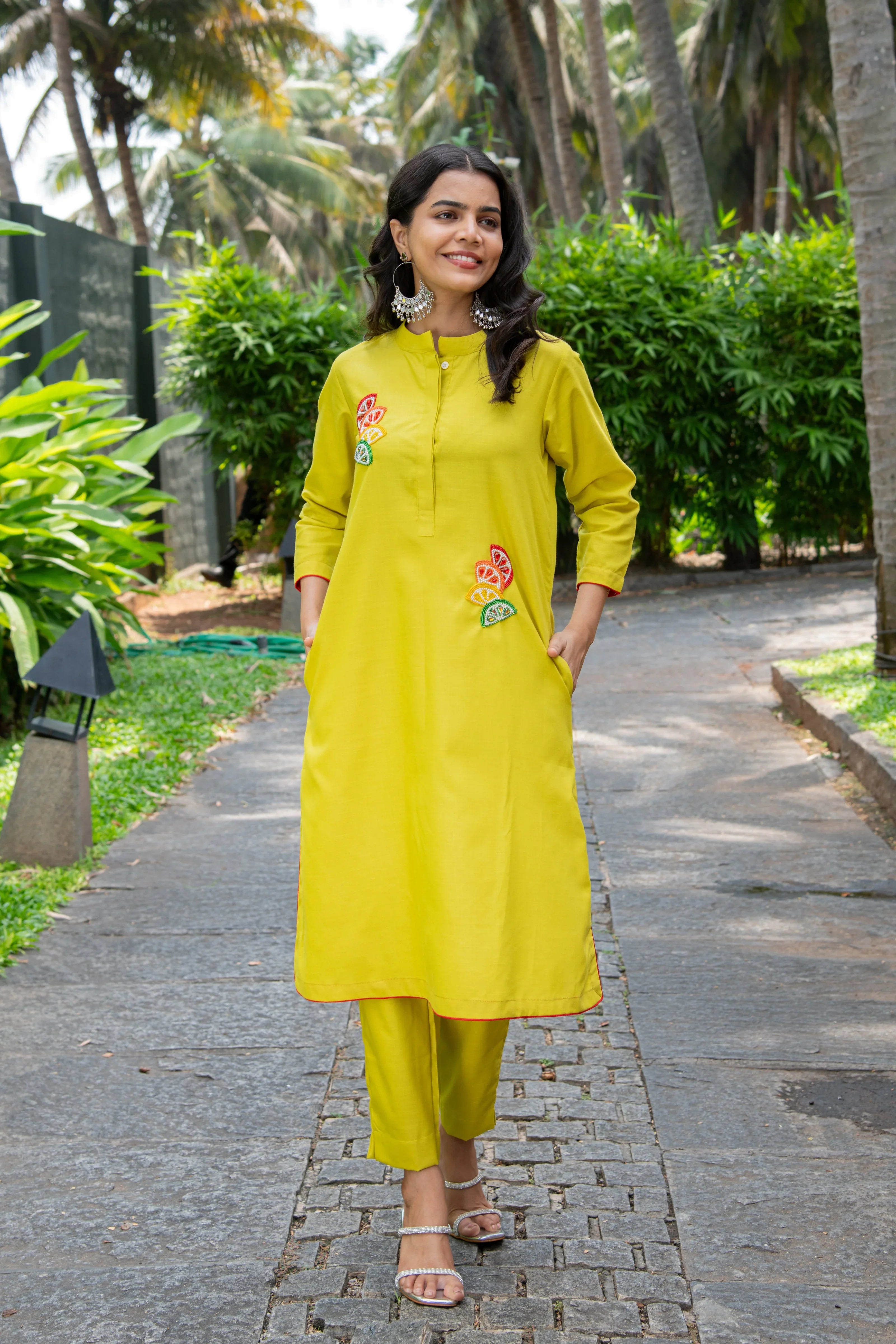 Green Cotton Co-Ord with Lime Embroidery - Hello June