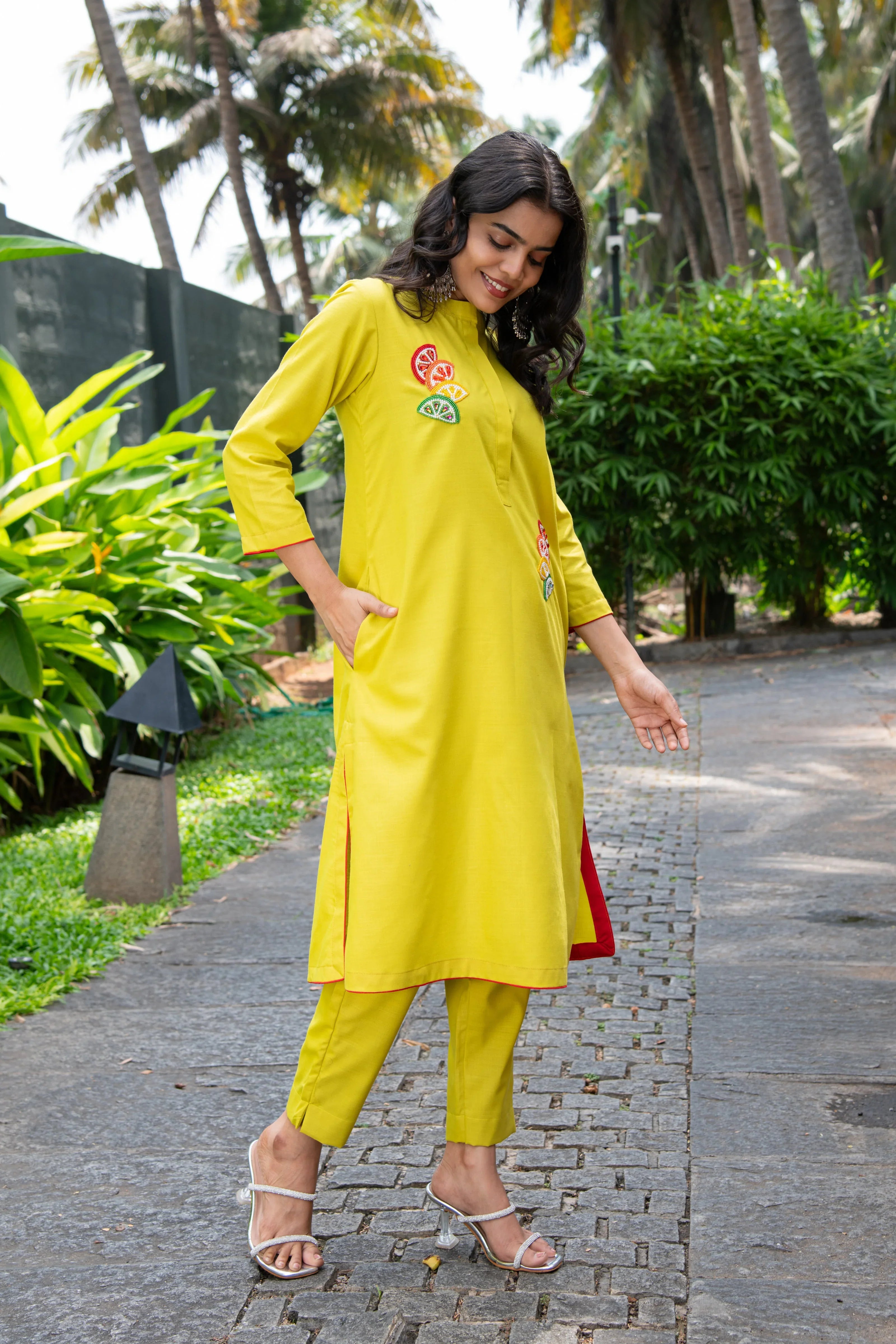 Green Cotton Co-Ord with Lime Embroidery - Hello June