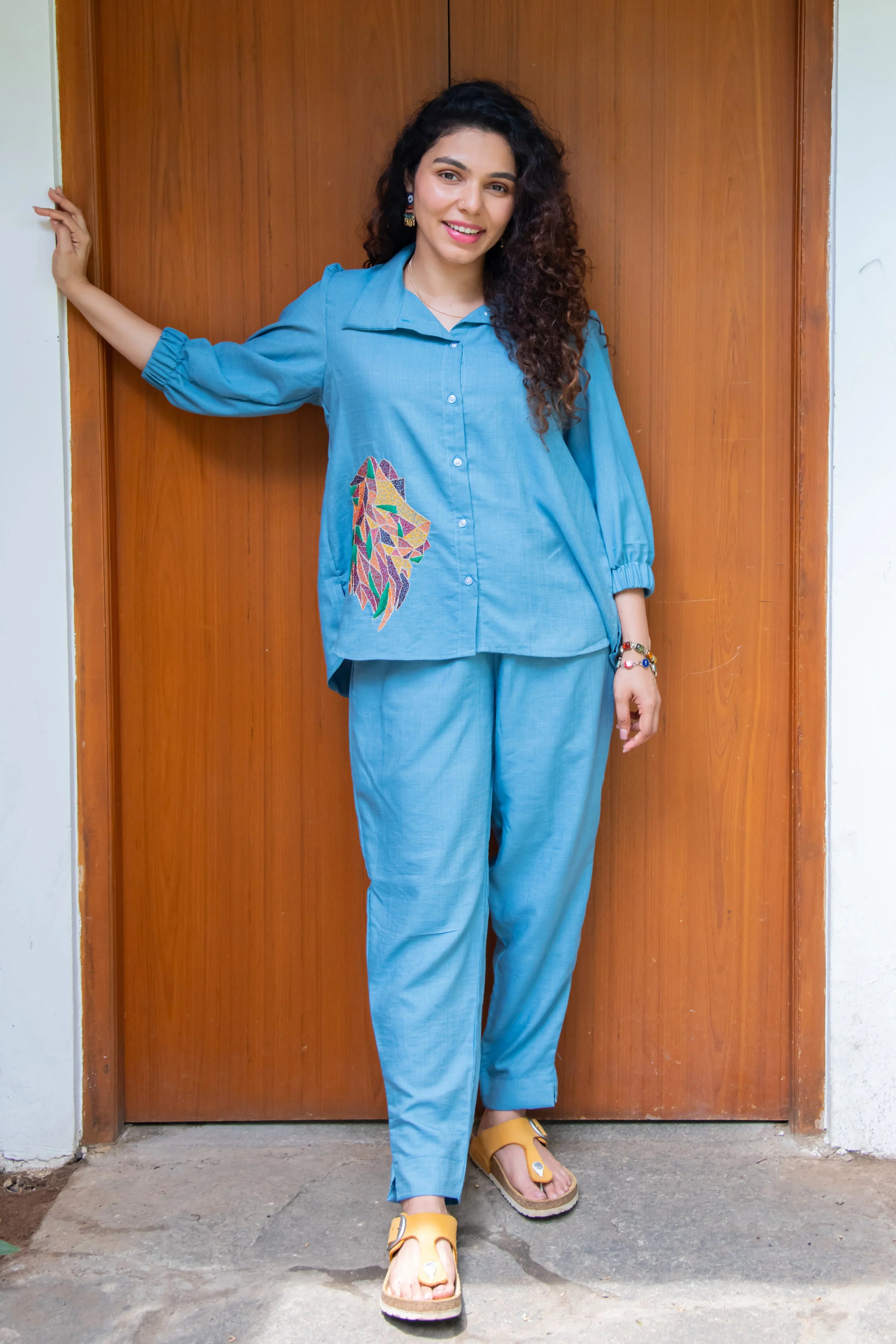 Blue Cotton Co-Ord with Lion Embroidery - Hello June