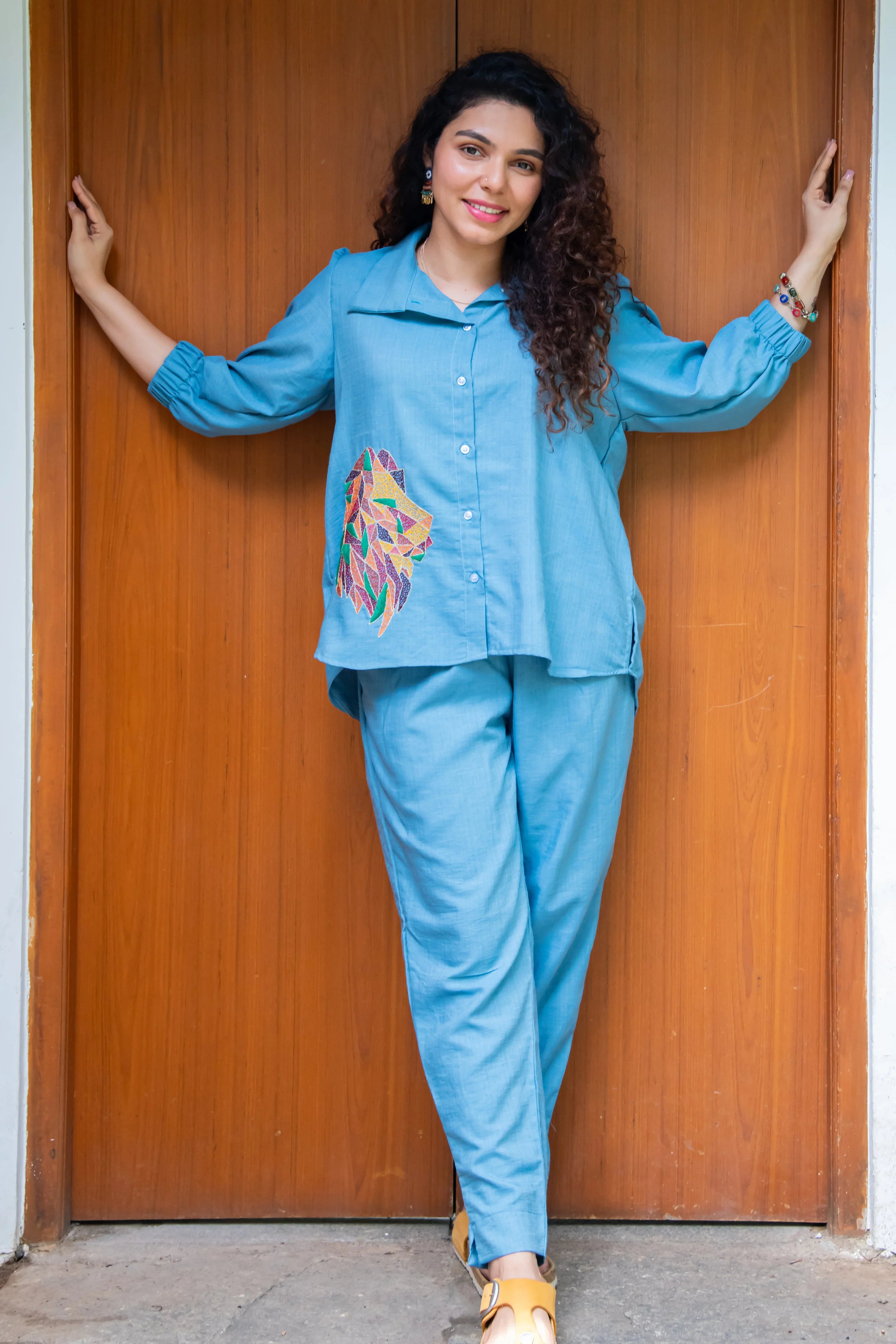 Blue Cotton Co-Ord with Lion Embroidery - Hello June