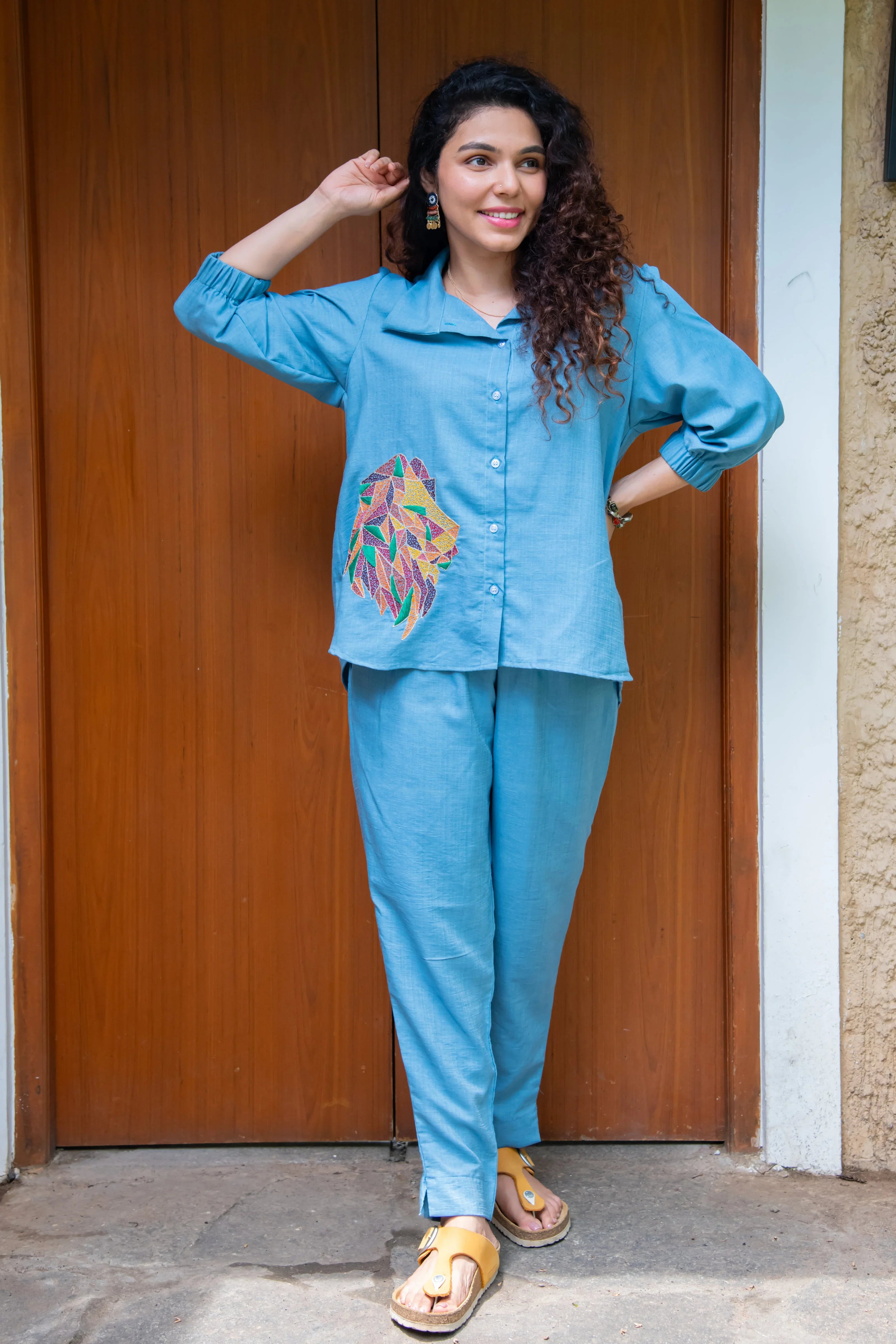 Blue Cotton Co-Ord with Lion Embroidery - Hello June