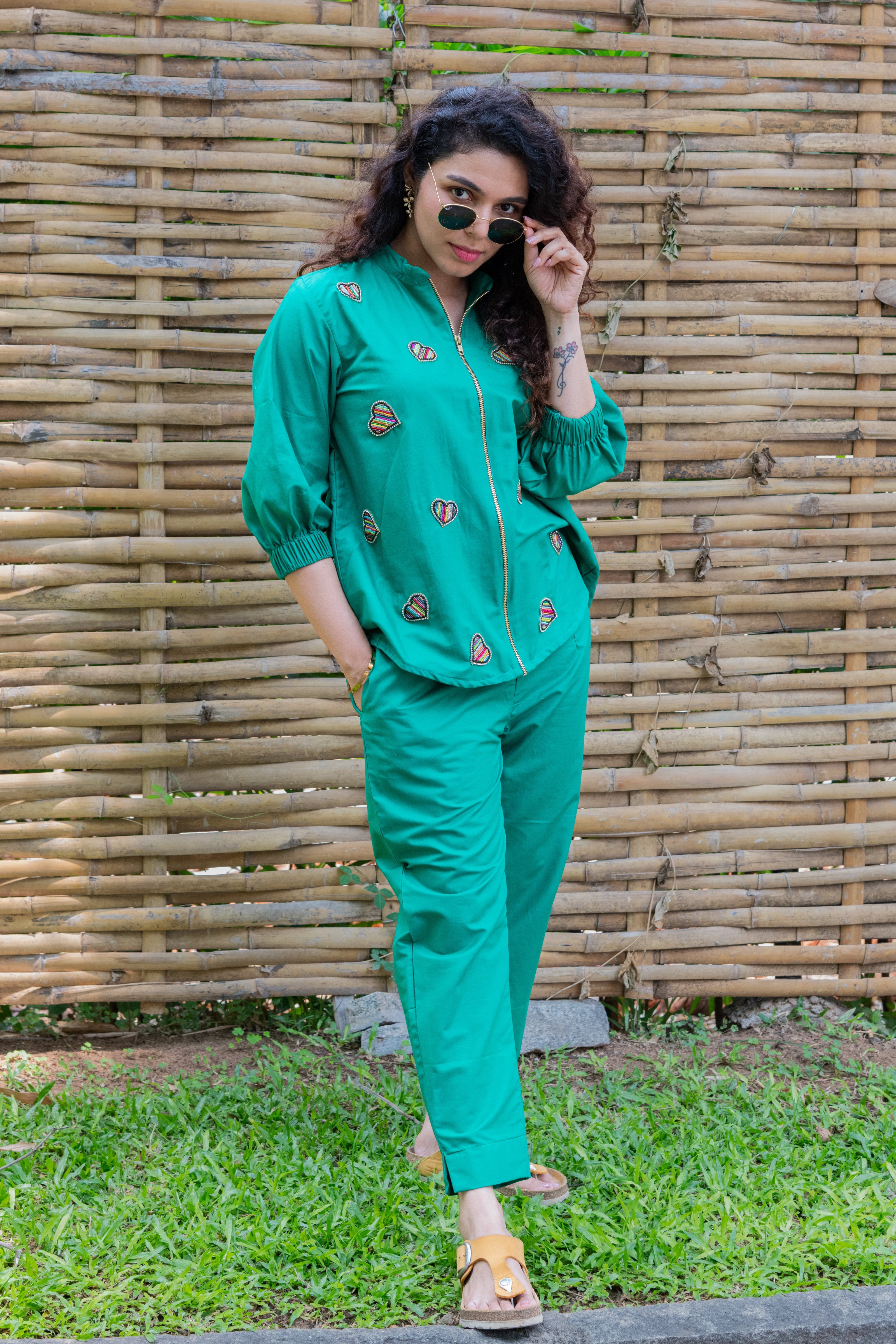 Green Cotton Co-ord with Heart Embroidery - Label Xari