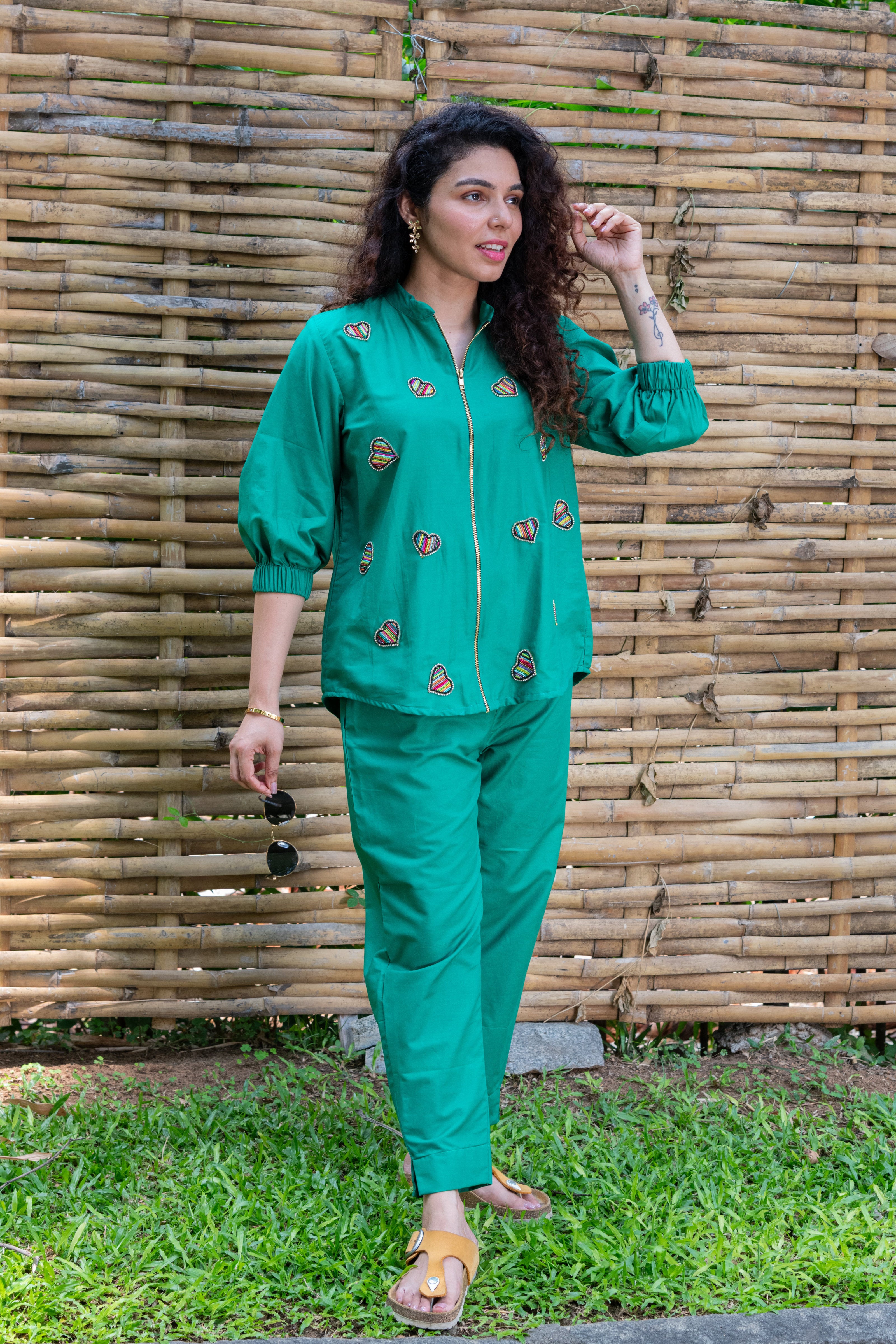 Green Cotton Co-ord with Heart Embroidery - Label Xari