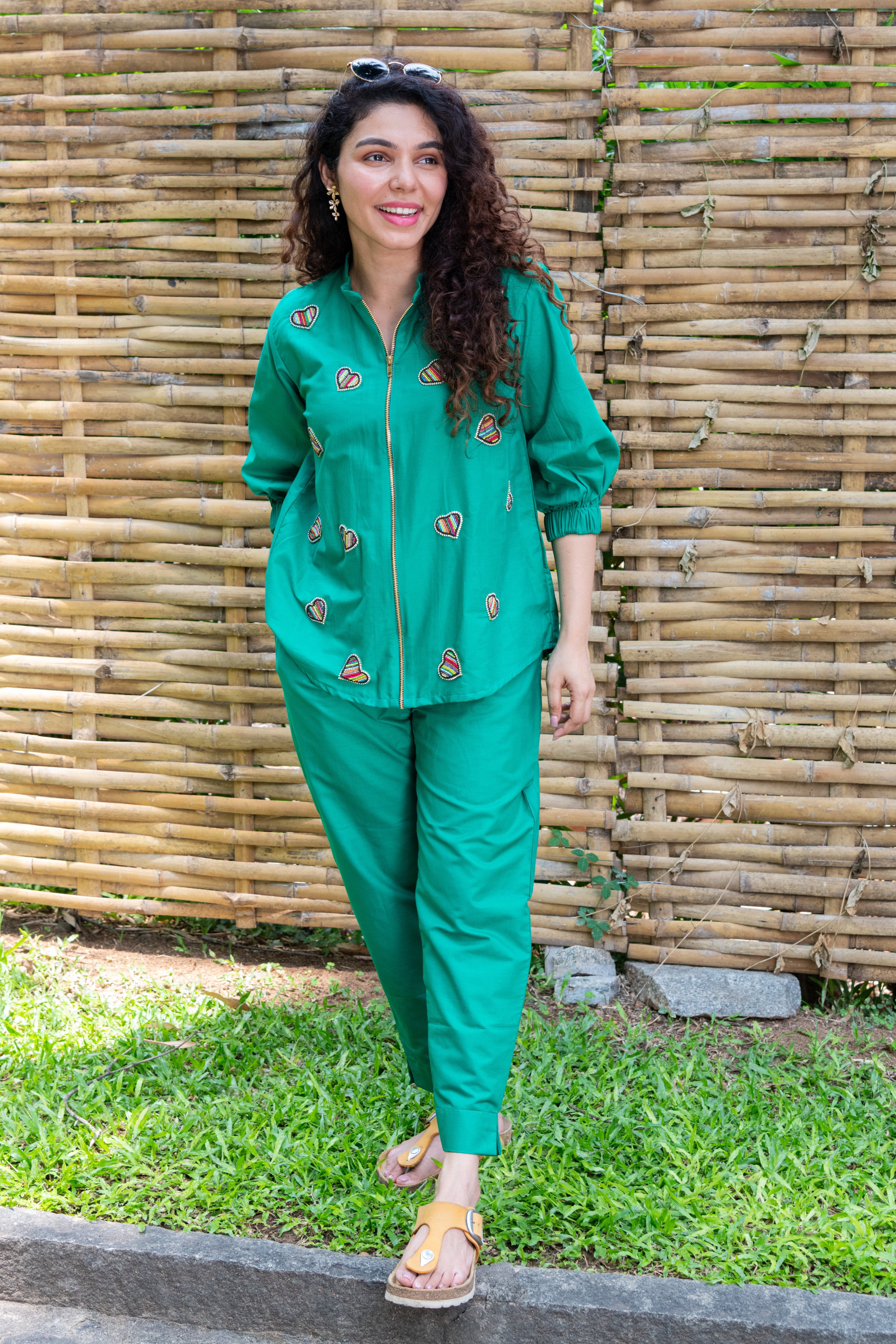 Green Cotton Co-ord with Heart Embroidery - Label Xari