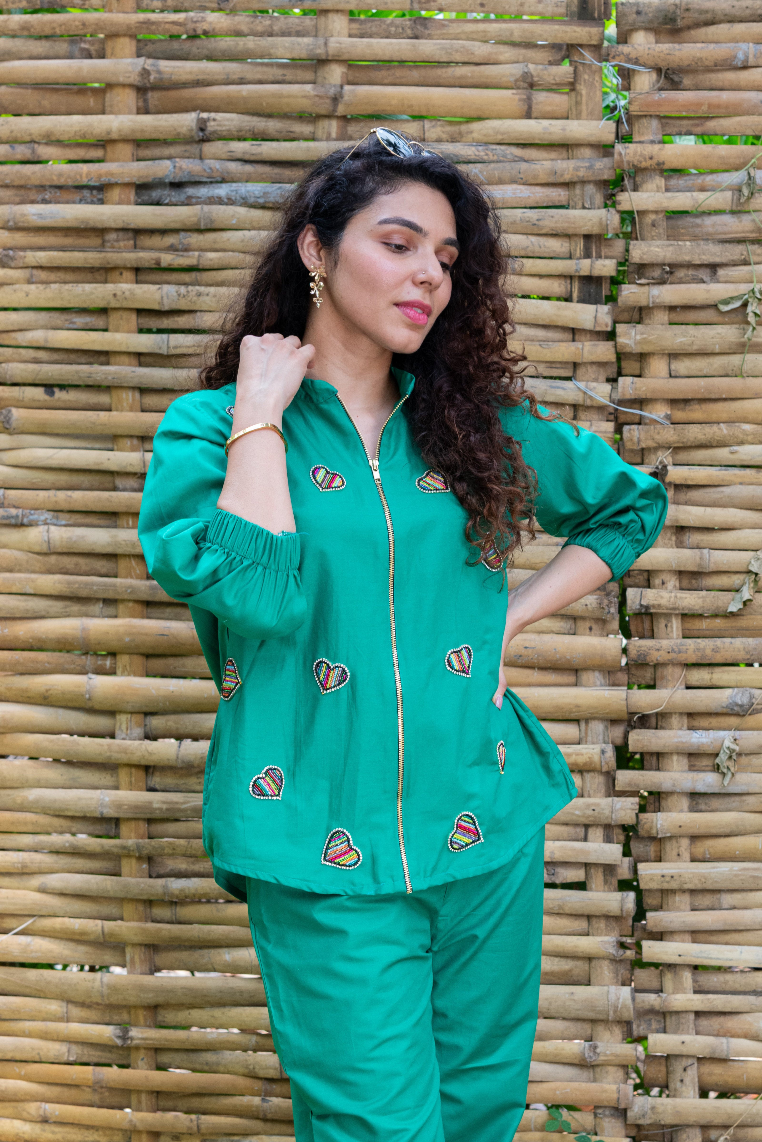 Green Cotton Co-ord with Heart Embroidery - Label Xari
