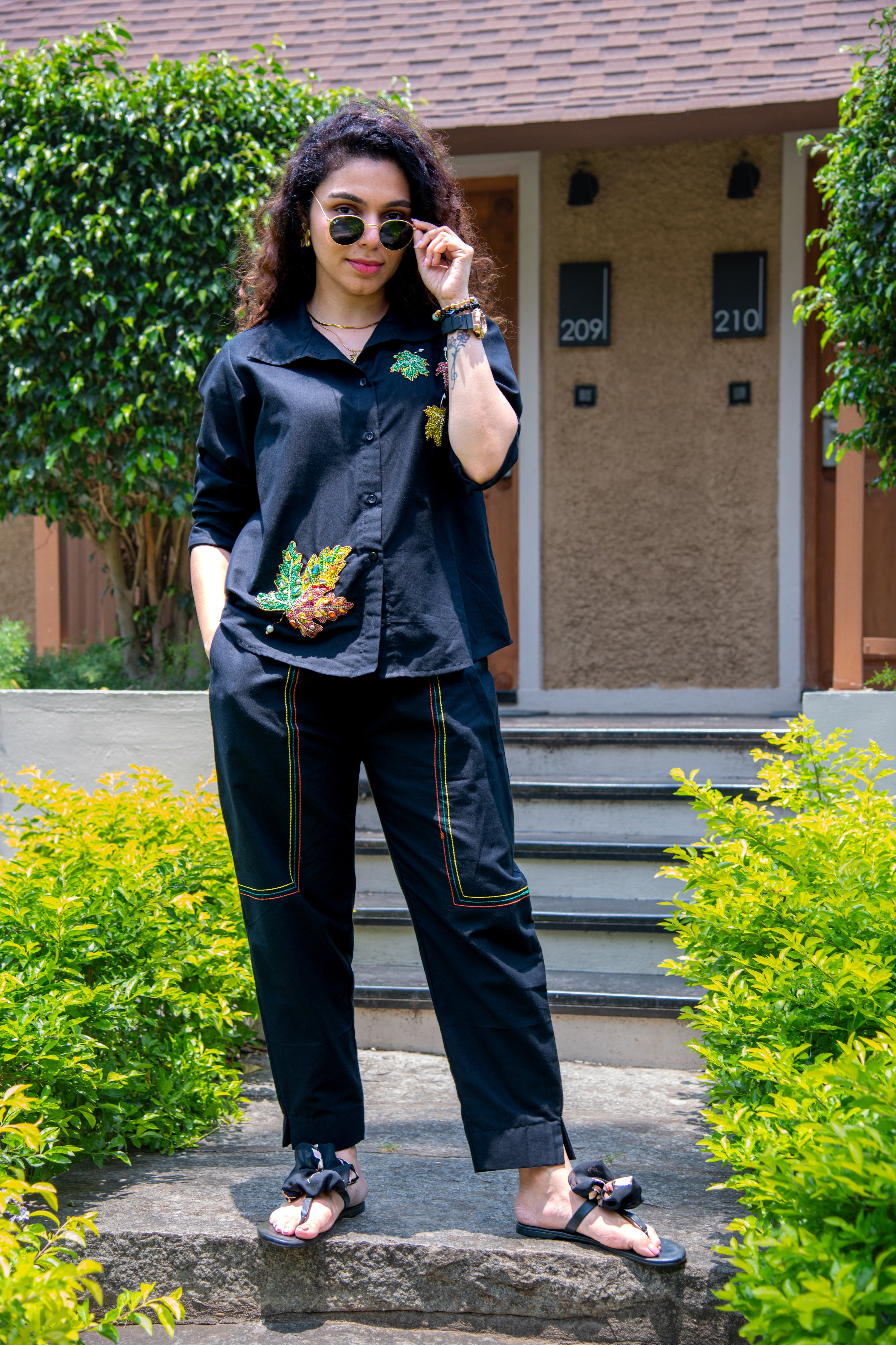 Black Cotton Linen Co-Ord With Maple Leaf Embroidery - Label Xari