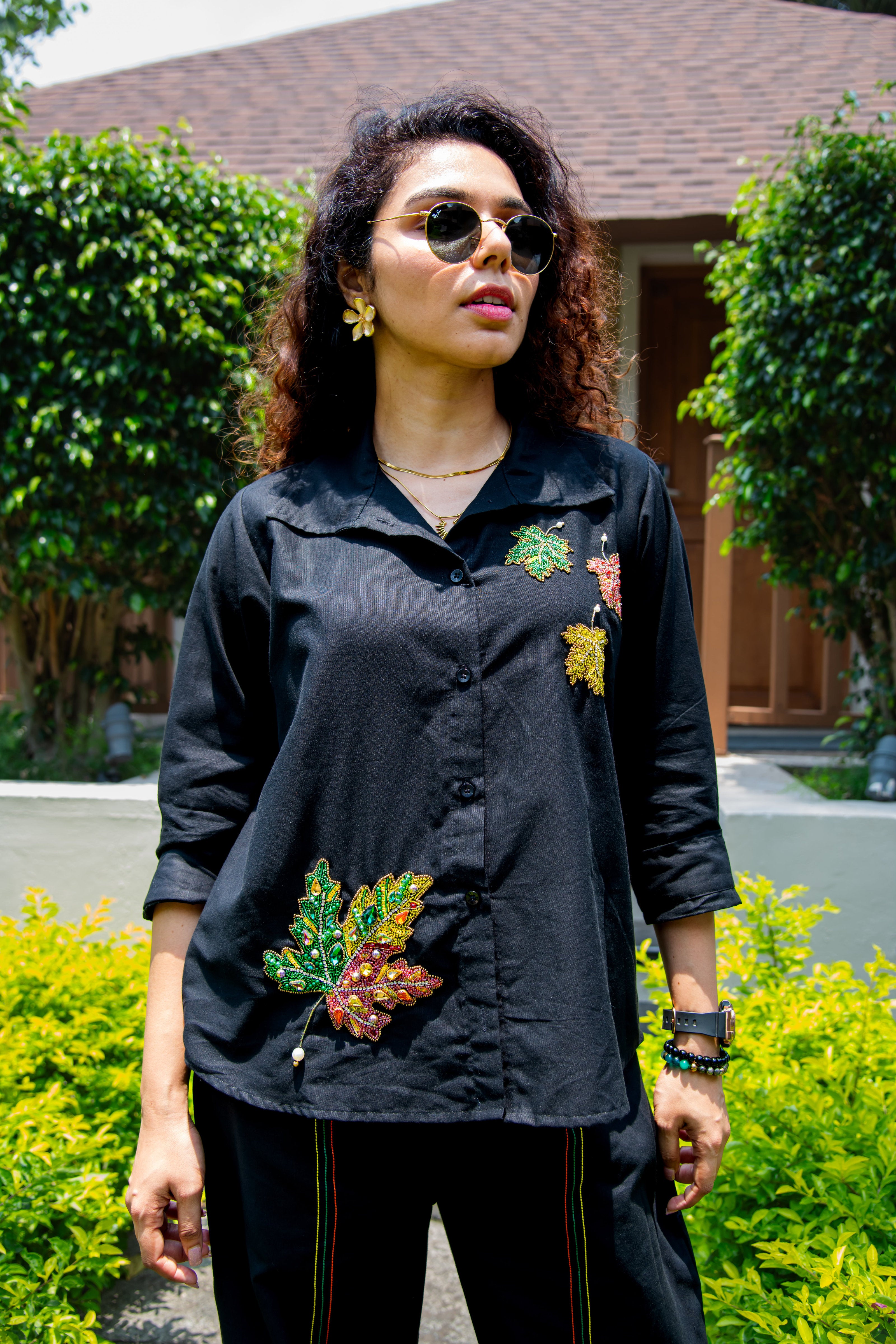 Black Cotton Linen Co-Ord With Maple Leaf Embroidery - Label Xari
