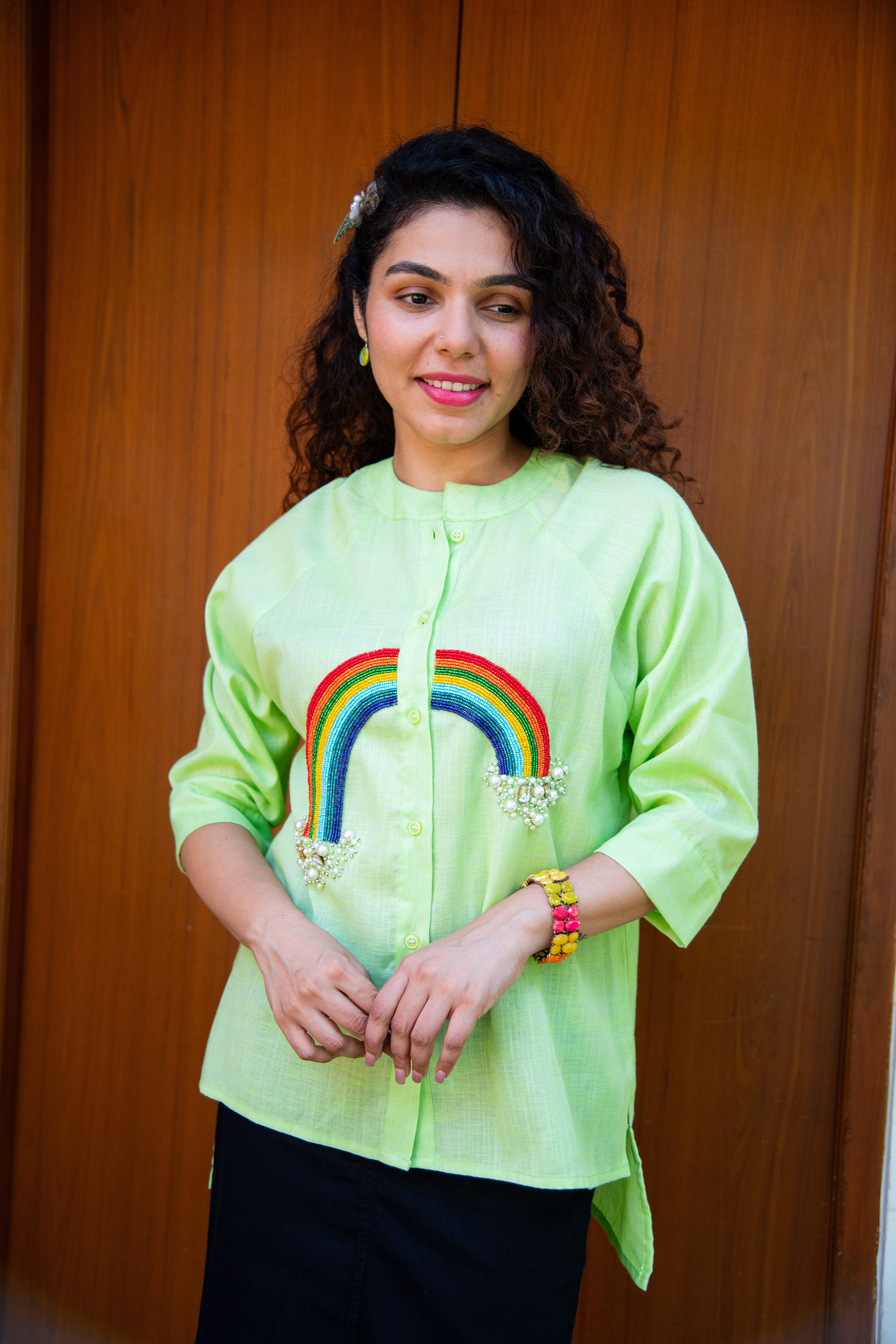 Green Slub Cotton Shirt with Rainbow Embroidery - Label Xari